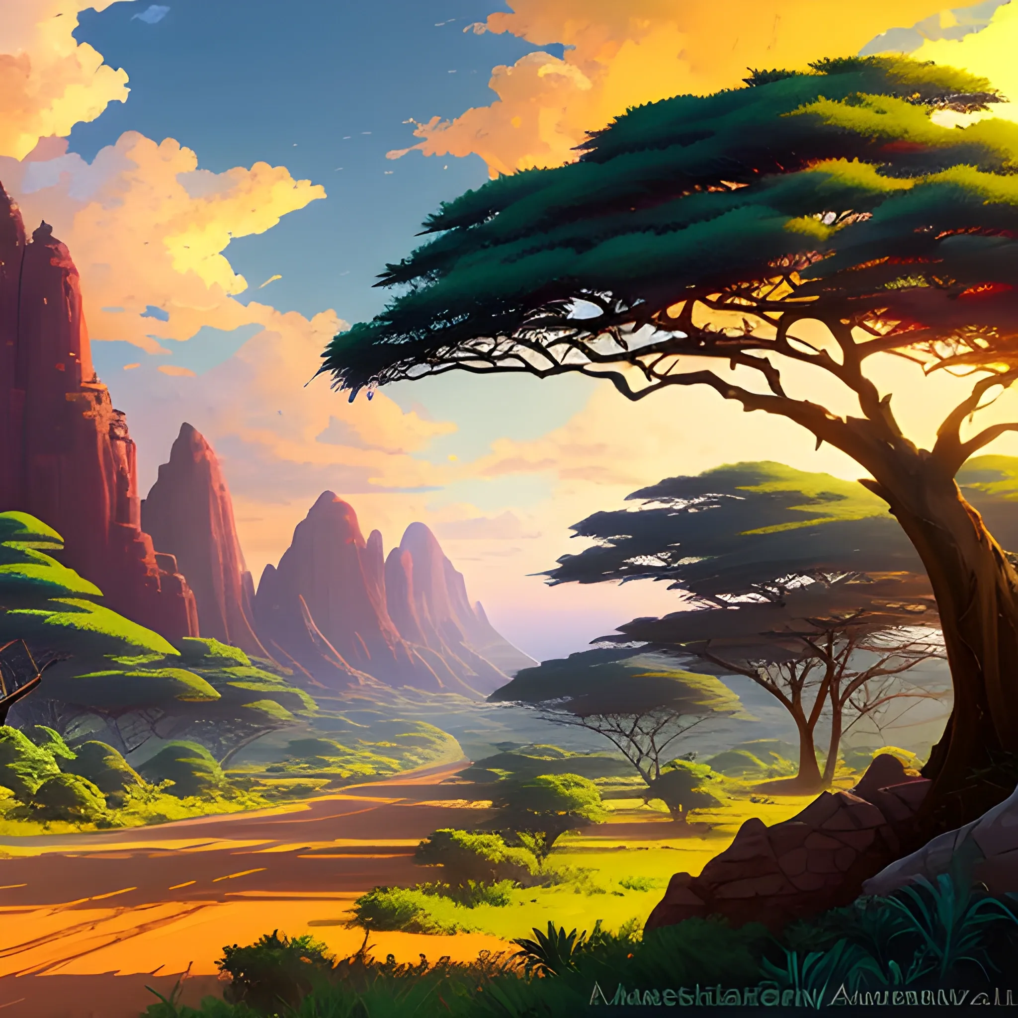 an africa wide landscape with brush, greenery, small road, rocks and a sunset sky... in the style of makoto shinkai and greg rutkowski and albert bierstadt and james gurney, Oil Painting