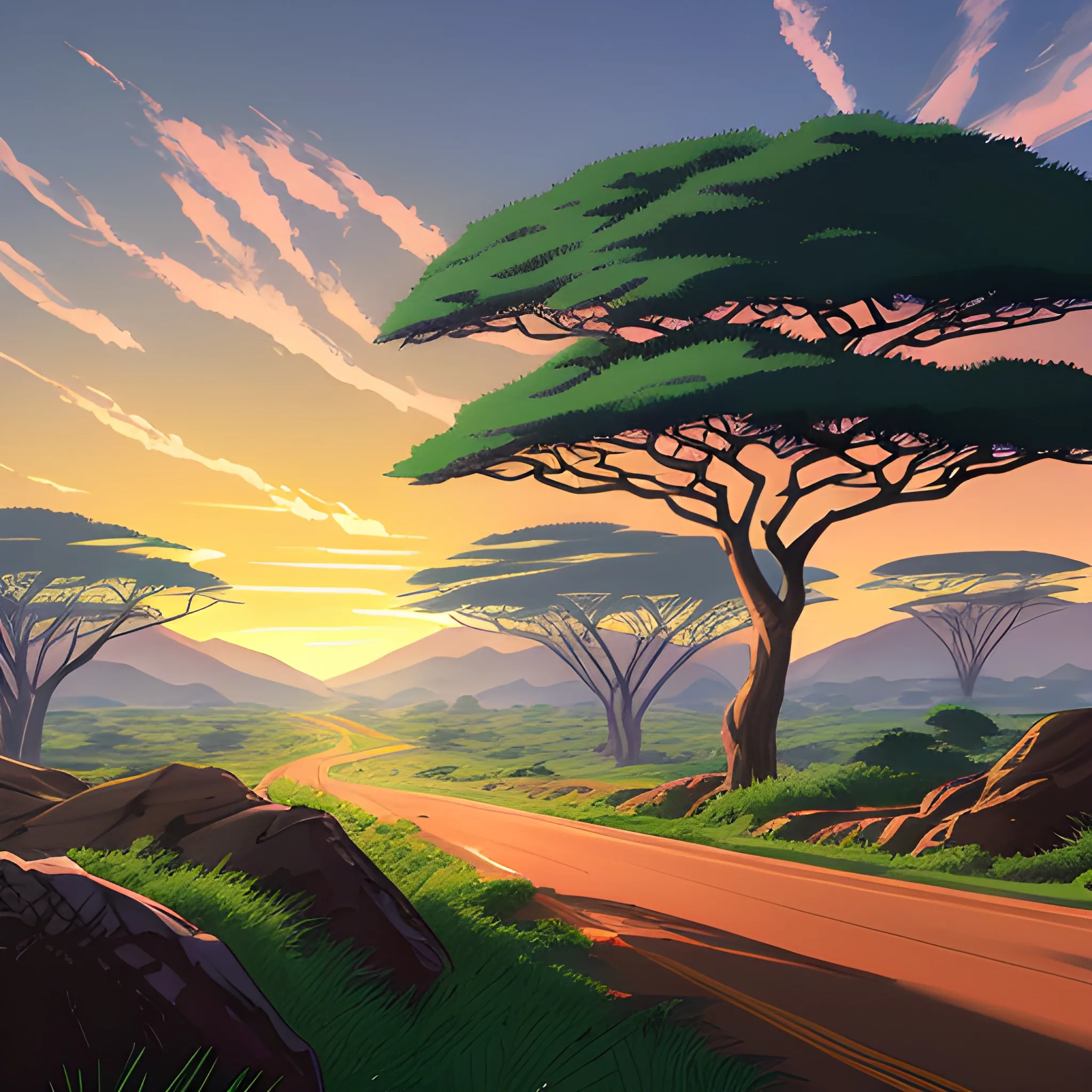 an africa wide landscape with brush, greenery, small road, rocks and a sunset sky... in the style of makoto shinkai and greg rutkowski and albert bierstadt and james gurney, Cartoon