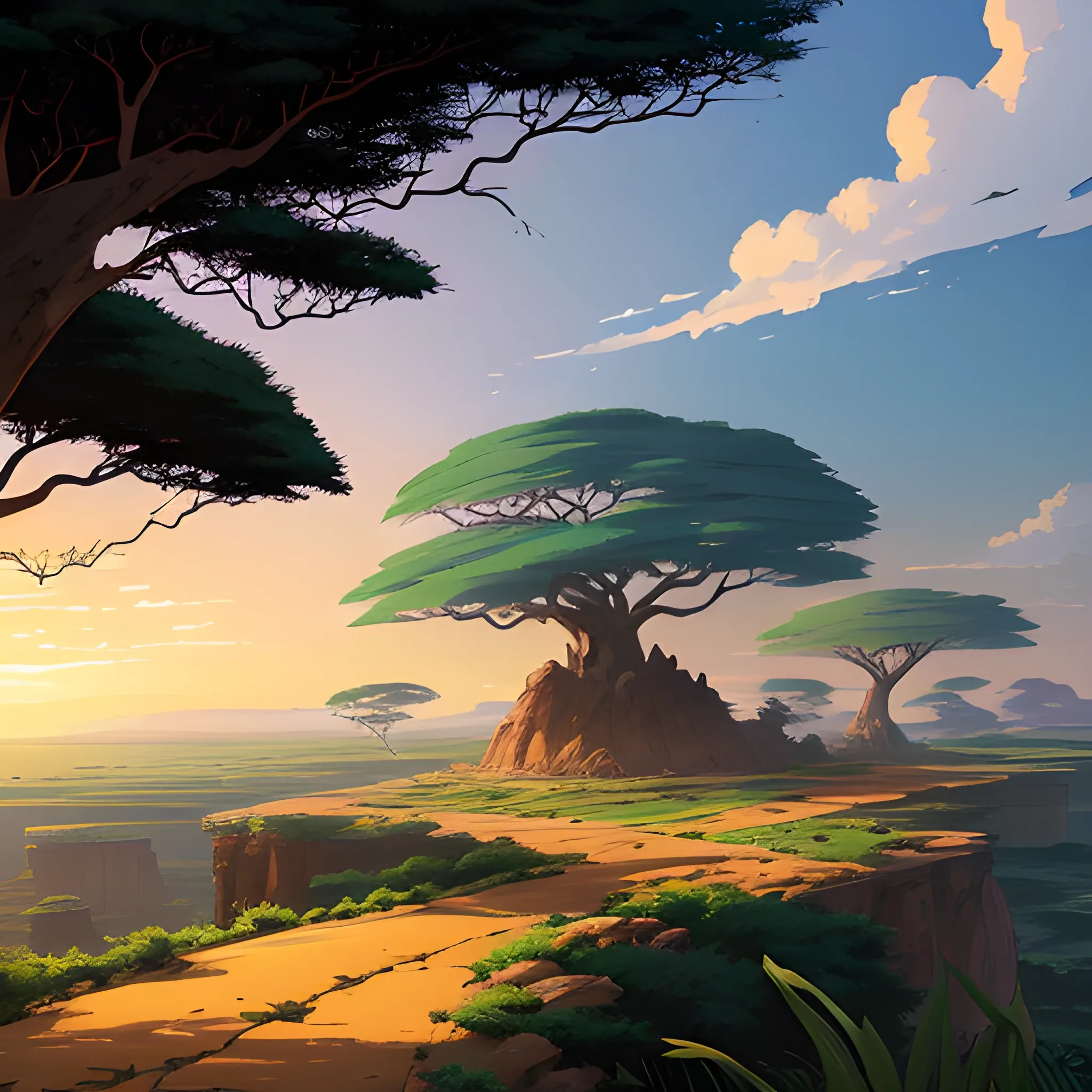 an africa wide landscape with brush, greenery, small road, rocks and a sunset sky... in the style of makoto shinkai and greg rutkowski and albert bierstadt and james gurney, Cartoon