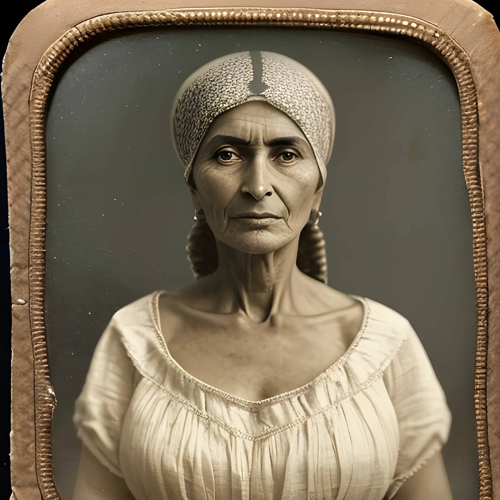 An old, blurred, scratched and dark Daguerreotype or Calotype about an arabian mature woman, 50 y.o, reminiscent of Nefertiti, totally exposed. She has intricately braided hair and bangs that cover her forehead up to her eyebrows. Her slightly tanned skin contrasts beautifully. She wears a translucent linen top and skirt, revealing a subtle hint of her body. The woman gazes intently at the viewer, exuding both happiness and confidence. The background is blurred and depth, uncolored., Oil Painting