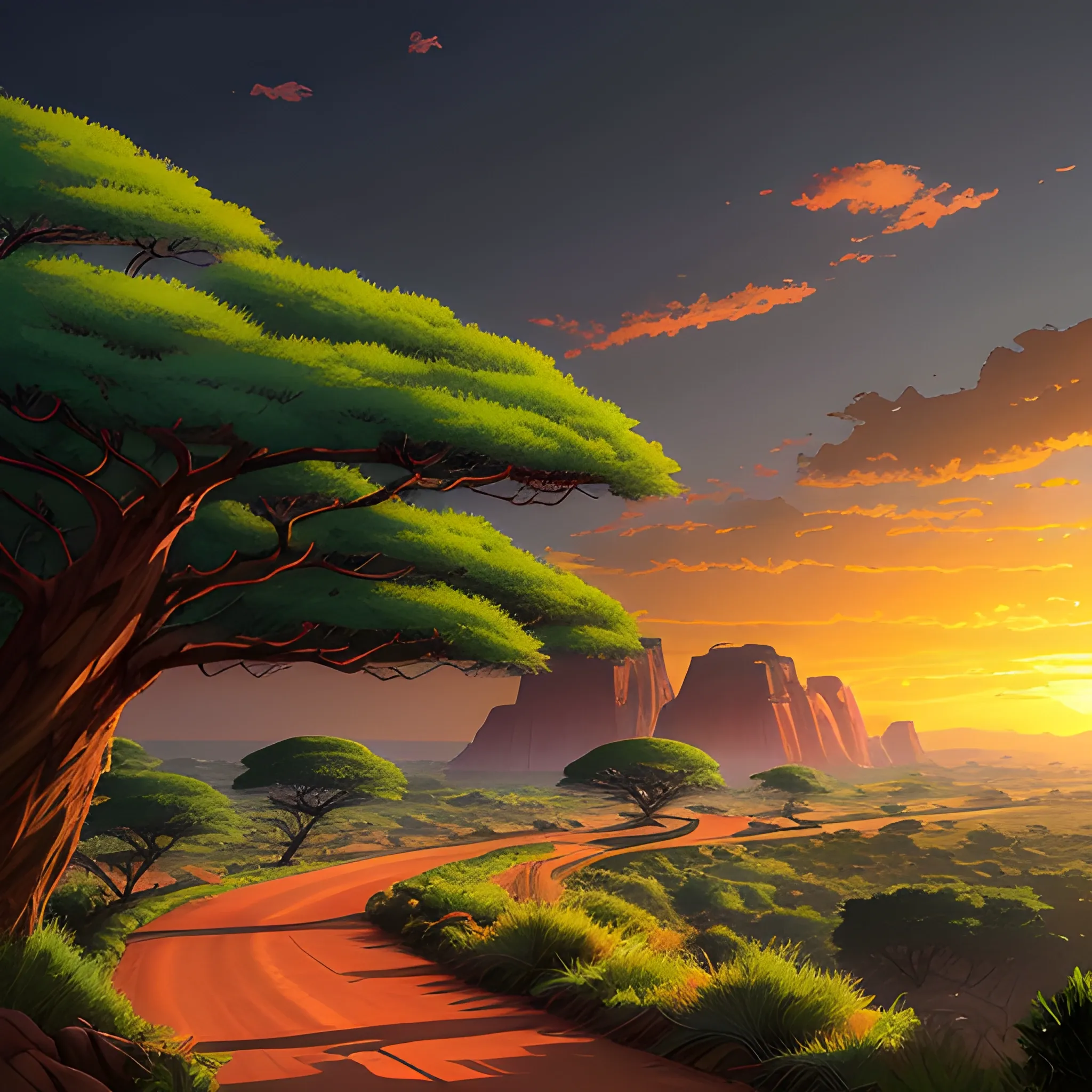 an africa wide landscape with brush, greenery, small road, rocks and a sunset sky... in the style of makoto shinkai and greg rutkowski and albert bierstadt and james gurney, Cartoon