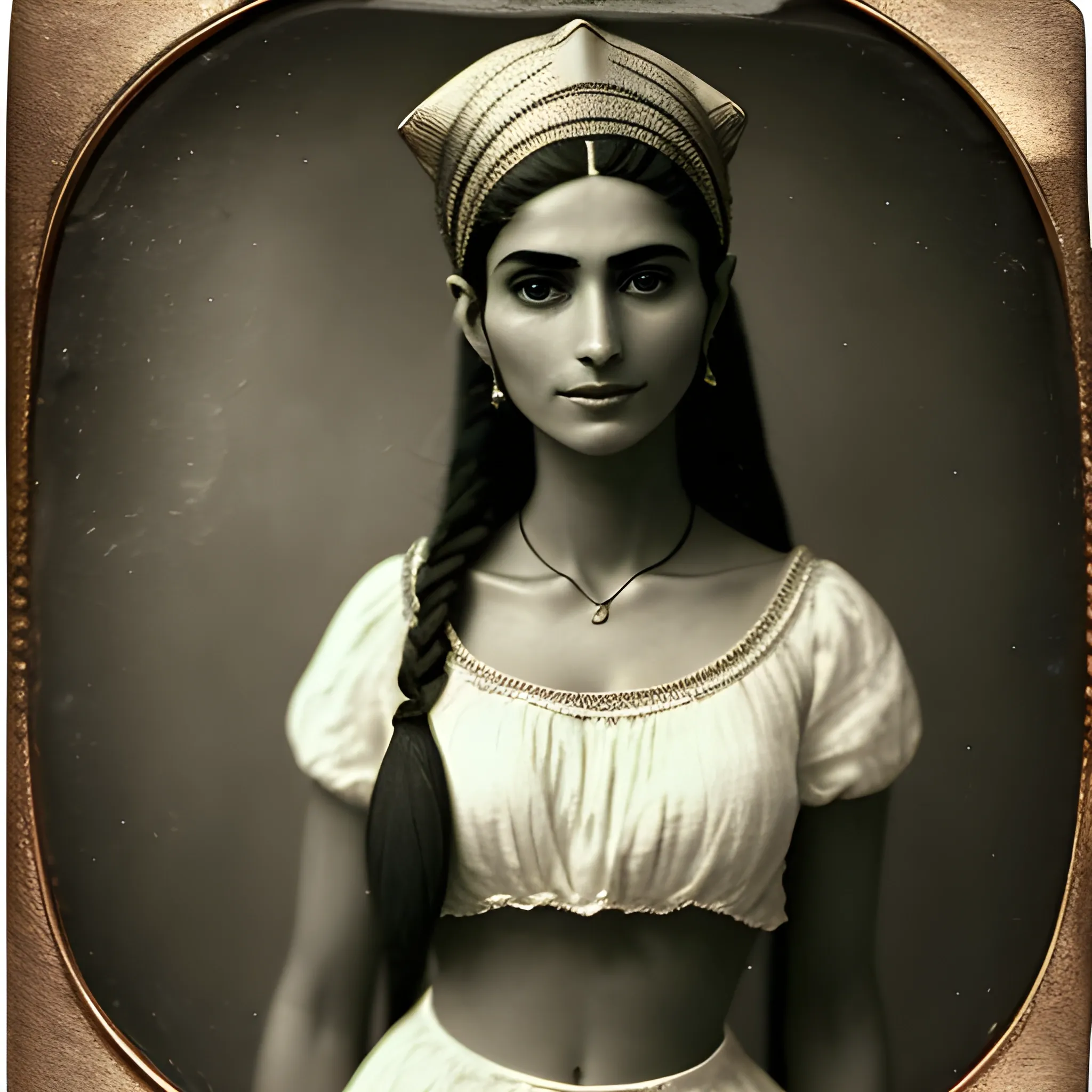 An old, blurred, scratched and dark Daguerreotype or Calotype about an beautiful and gorgeous arabian woman, 30 y.o, reminiscent of Nefertiti, with perfect body, in full body view. She has intricately braided hair and bangs that cover her forehead up to her eyebrows. Her slightly tanned skin contrasts beautifully. She wears a translucent linen top and skirt, revealing a subtle hint of her body. The woman gazes intently at the viewer, exuding both happiness and confidence. The background is blurred and depth, uncolored.