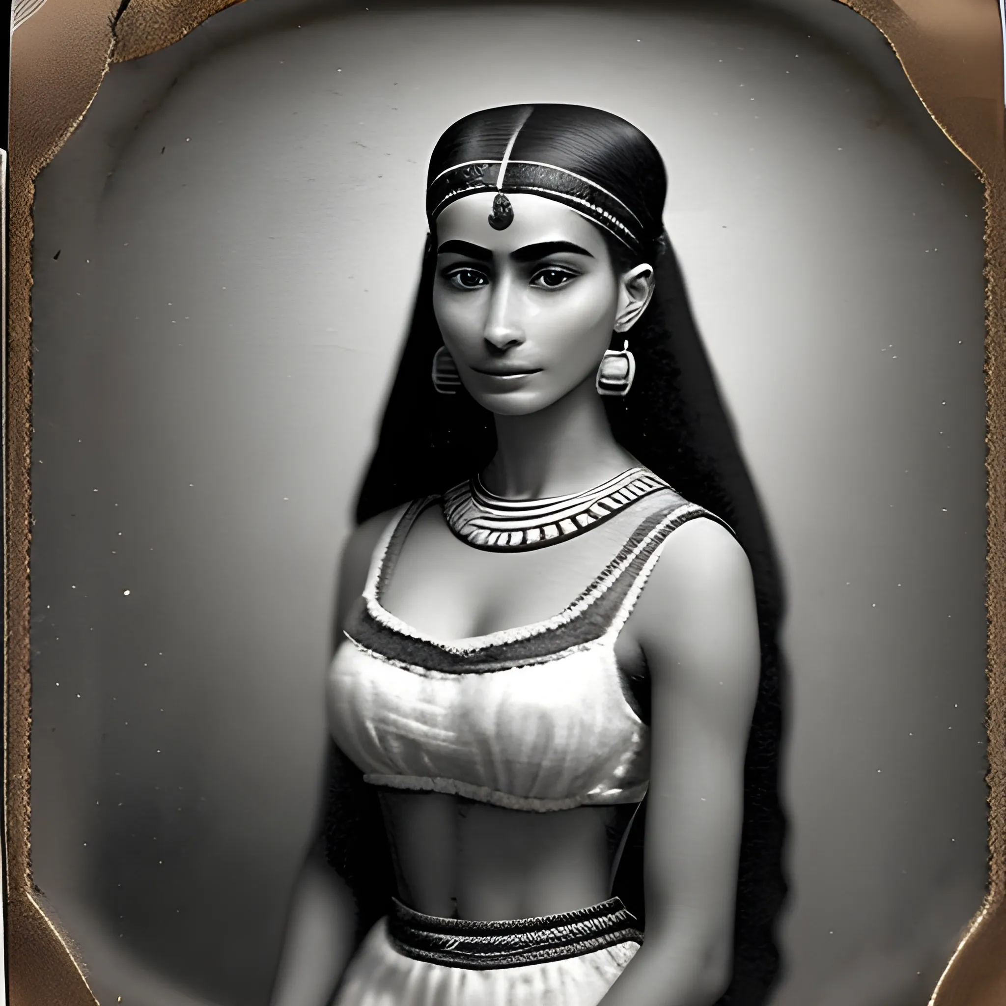 An old, blurred, scratched and dark Daguerreotype or Calotype about an beautiful and gorgeous egyptian woman, 30 y.o, reminiscent of Nefertiti, with perfect body, in full body view. She has intricately braided hair and bangs that cover her forehead up to her eyebrows. Her slightly tanned skin contrasts beautifully. She wears a translucent linen top and skirt, revealing a subtle hint of her body. The woman gazes intently at the viewer, exuding both happiness and confidence. The background is blurred and depth, uncolored.