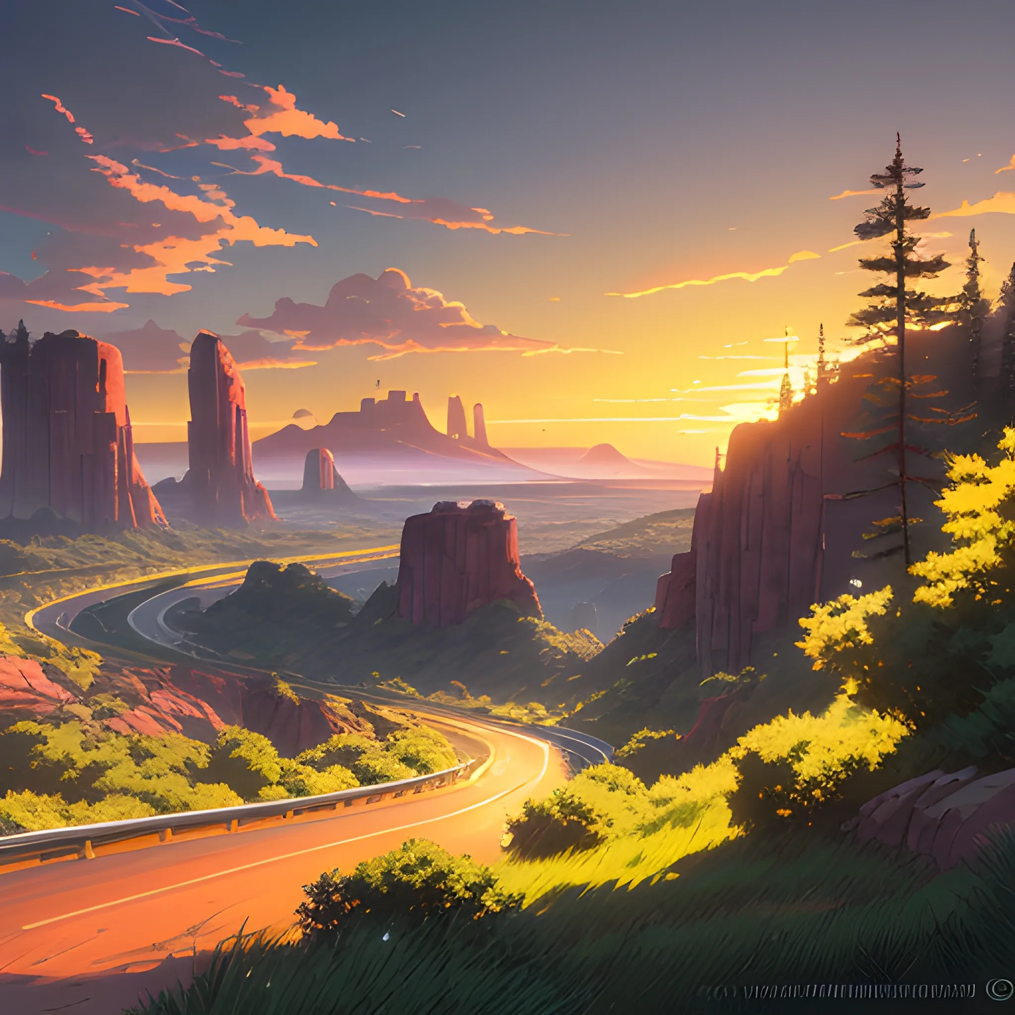 an wide landscape with brush, greenery, small road, rocks and a sunset sky... in the style of makoto shinkai and greg rutkowski and albert bierstadt and james gurney, Cartoon