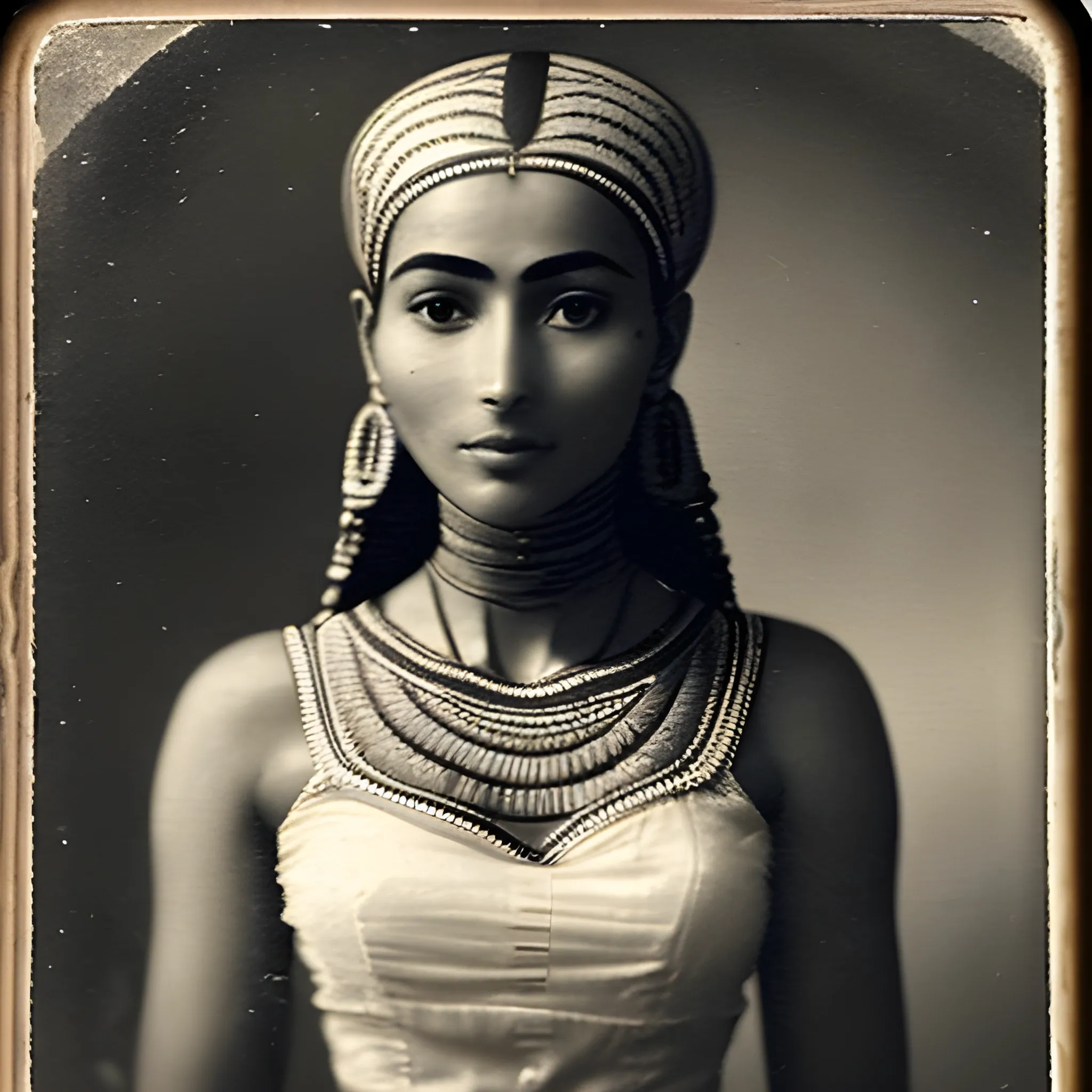 An old, blurred, scratched and uncolored dark Daguerreotype or Calotype about an beautiful and gorgeous egyptian woman, 30 y.o, reminiscent of Nefertiti, with perfect body, in full body view. She has intricately braided hair and bangs that cover her forehead up to her eyebrows. Her slightly tanned skin contrasts beautifully. She wears a translucent linen top and skirt, revealing a subtle hint of her body. The woman gazes intently at the viewer, exuding both happiness and confidence. The background is blurred and depth.