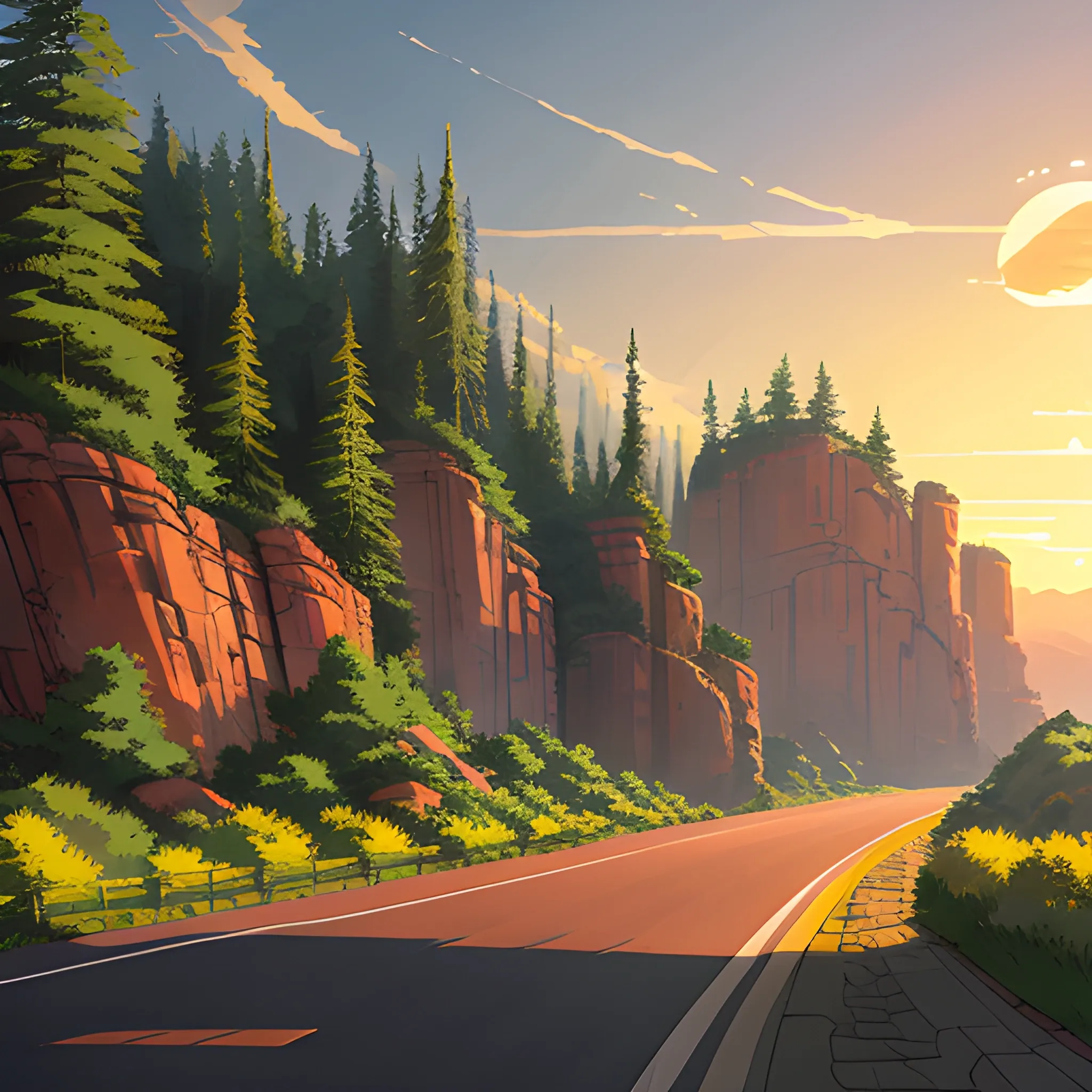 an wide landscape with brush, greenery, small road, rocks and a sunset sky... in the style of makoto shinkai and greg rutkowski and albert bierstadt and james gurney, Cartoon