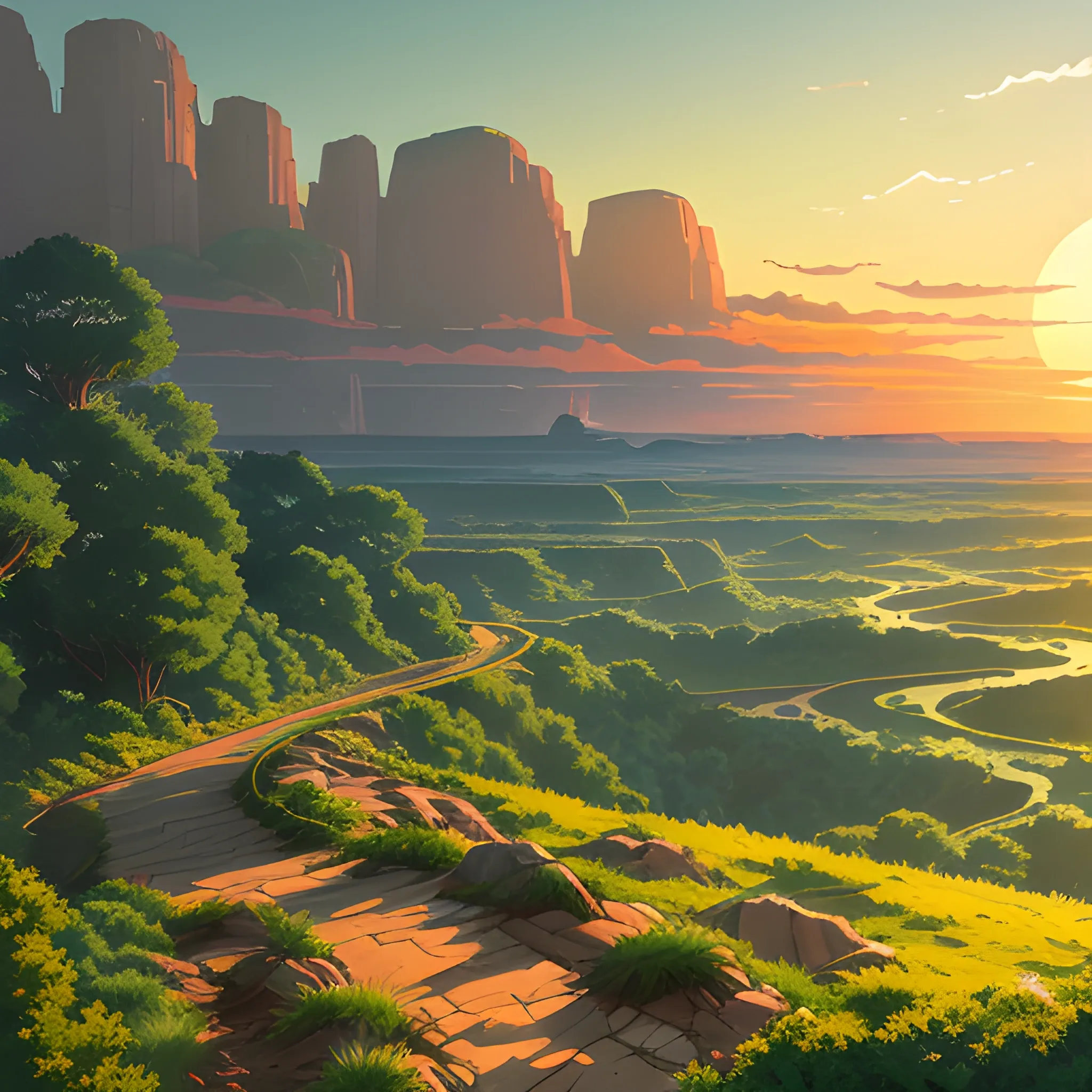 an wide landscape with brush, greenery, small road, rocks and a sunset sky... in the style of makoto shinkai and greg rutkowski and albert bierstadt and james gurney, Cartoon