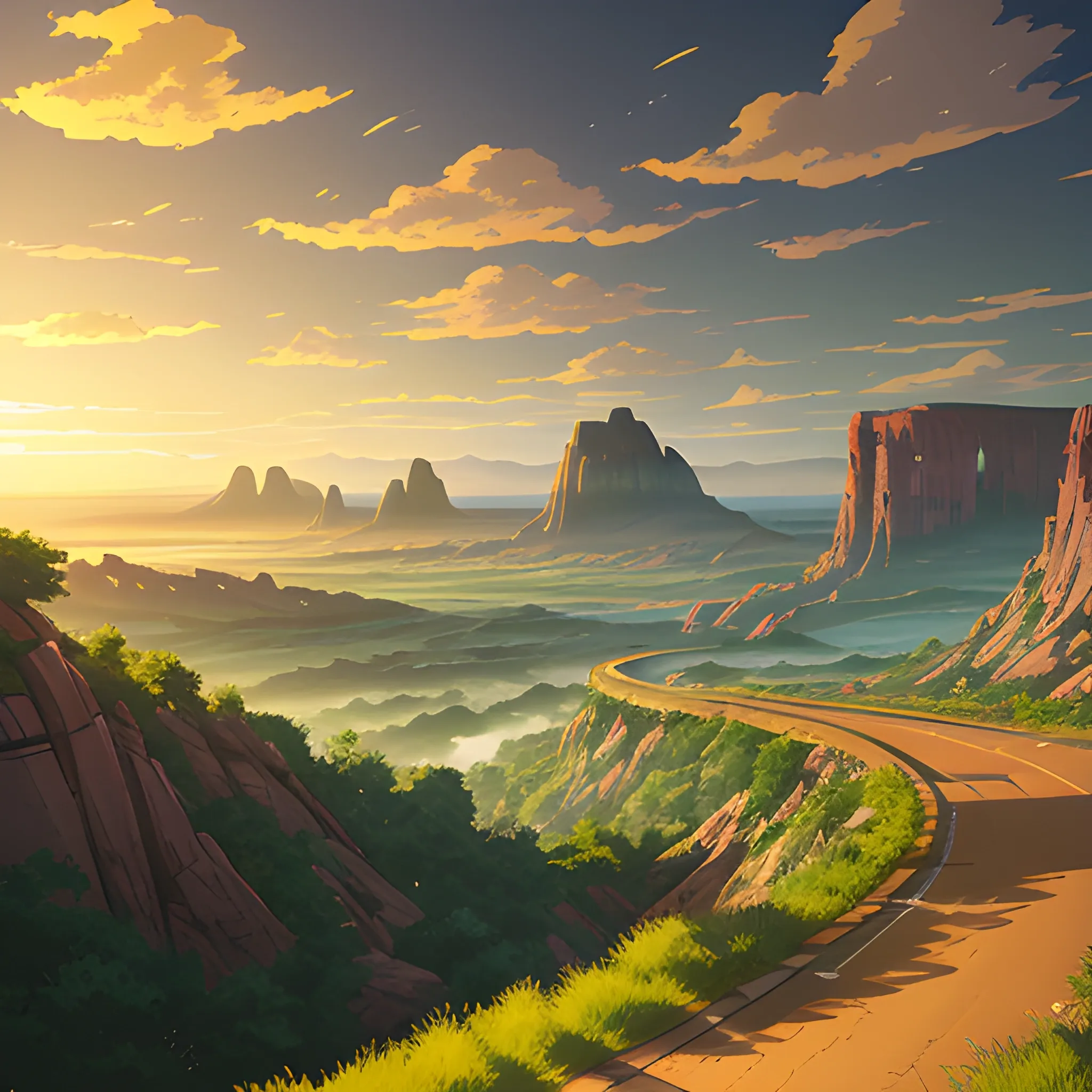 an wide landscape with brush, greenery, small road, rocks and a sunset sky... in the style of makoto shinkai and greg rutkowski and albert bierstadt and james gurney, Cartoon