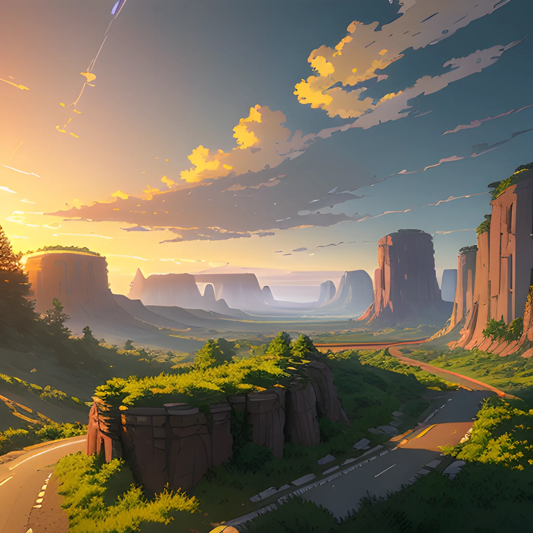 an wide landscape with brush, greenery, small road, rocks and a sunset sky... in the style of makoto shinkai and greg rutkowski and albert bierstadt and james gurney, Cartoon