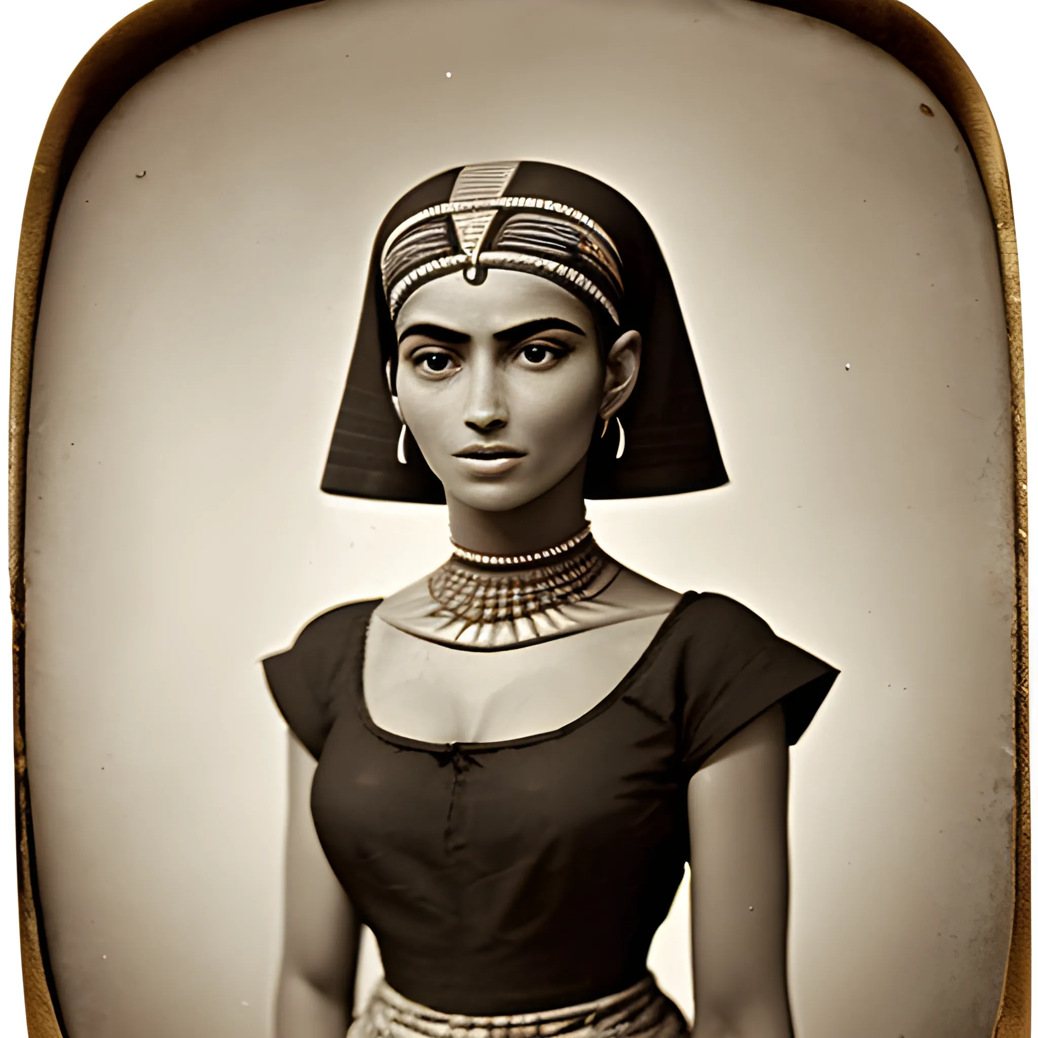 An old, blurred, scratched and uncolored dark Daguerreotype about an beautiful and gorgeous egyptian woman, 30 y.o, reminiscent of Nefertiti, with perfect body, in full body view. She has intricately braided hair and bangs that cover her forehead up to her eyebrows. Her slightly tanned skin contrasts beautifully. She wears a translucent linen top and skirt, revealing a subtle hint of her body. The woman gazes intently at the viewer, exuding both happiness and confidence. The background is blurred and depth.