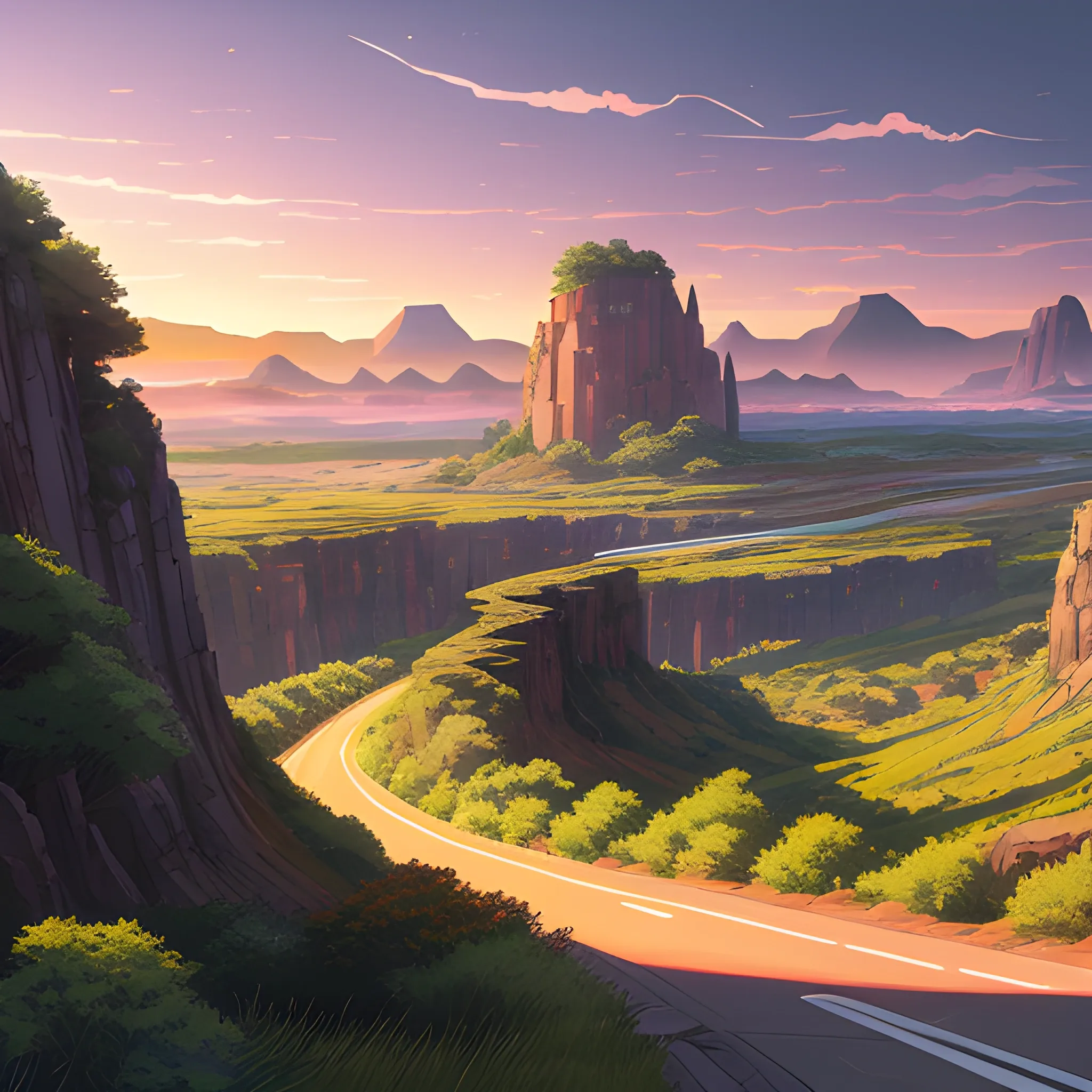 an wide landscape with brush, greenery, small road, rocks and a sunset sky... in the style of makoto shinkai and greg rutkowski and albert bierstadt and james gurney, Cartoon