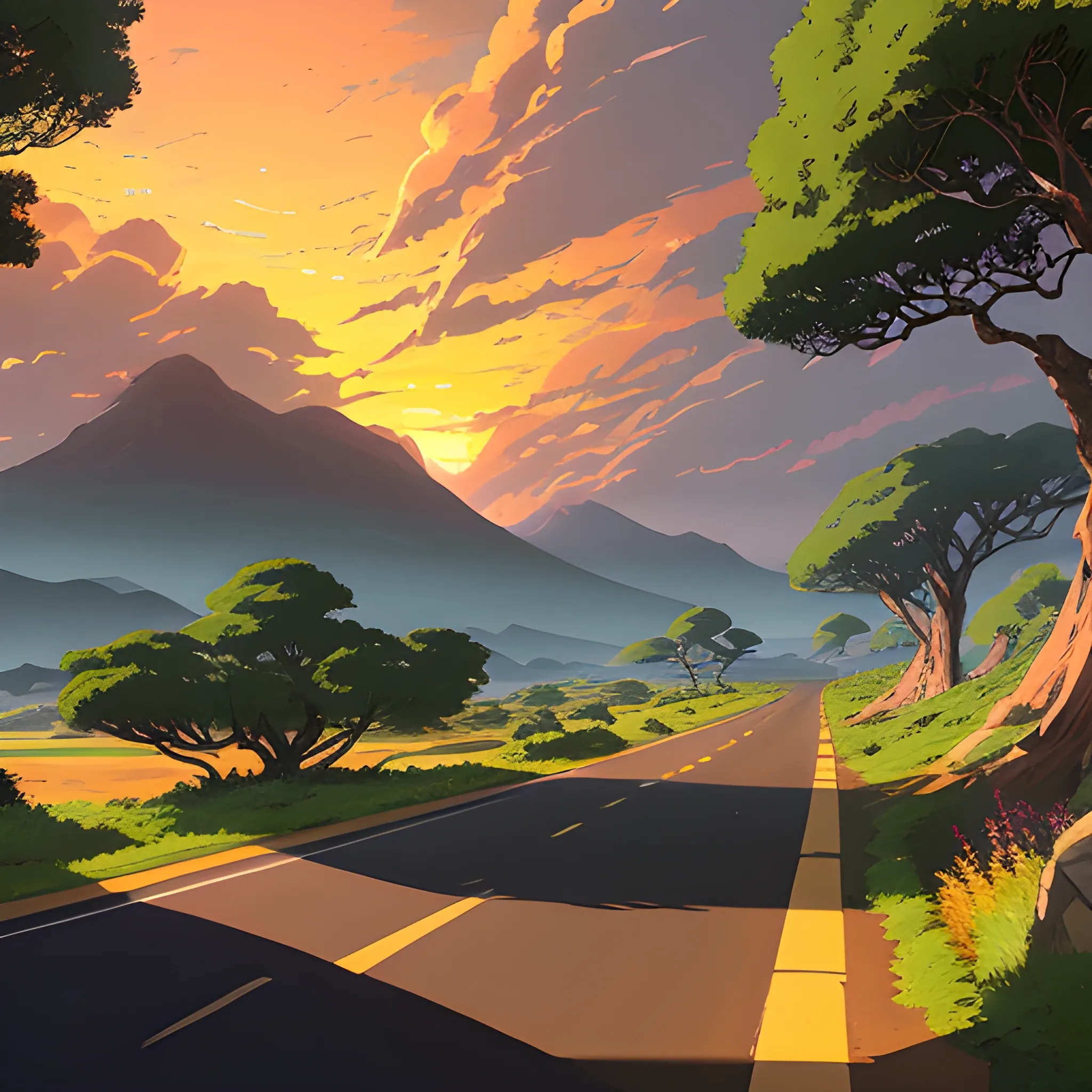 an wide landscape with brush, greenery, small road, rocks and a sunset sky... in the style of makoto shinkai and greg rutkowski and albert bierstadt and james gurney, Cartoon