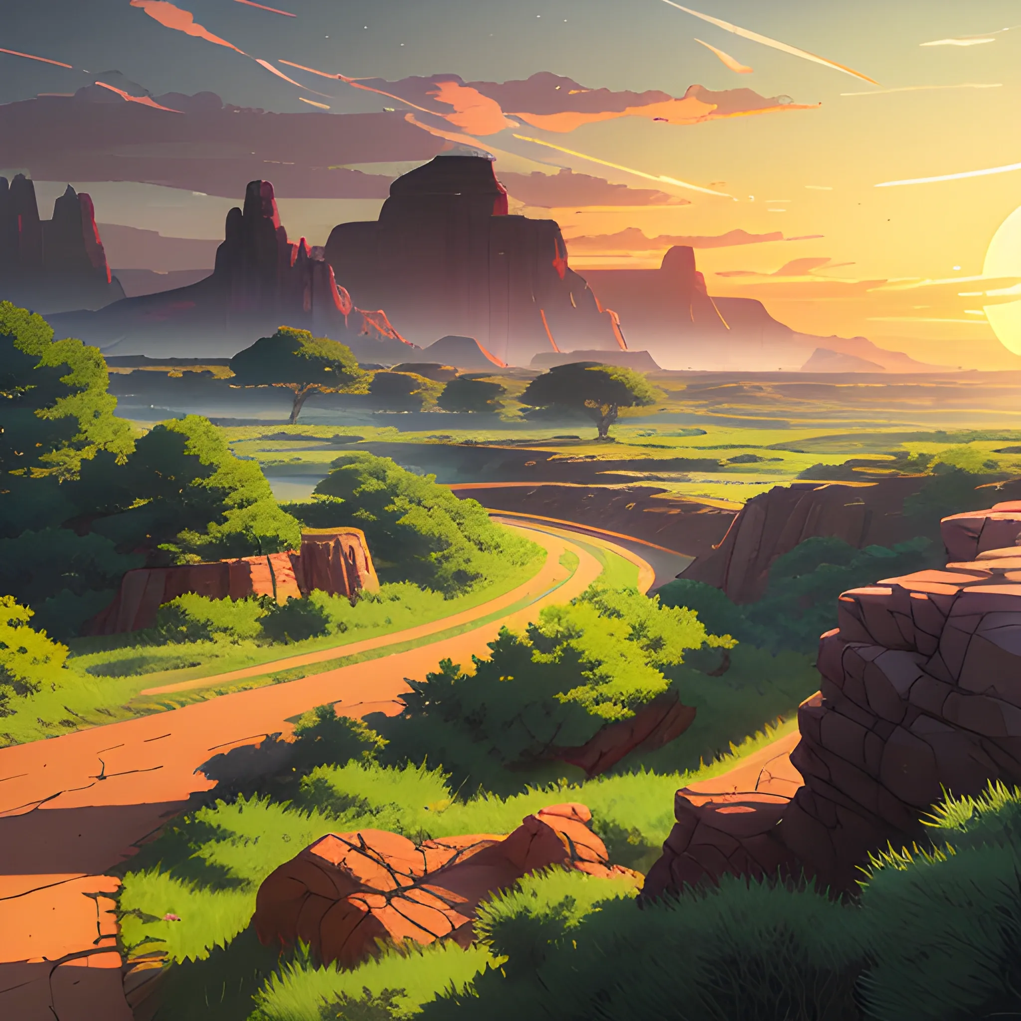 an wide landscape with brush, greenery, small road, rocks and a sunset sky... in the style of makoto shinkai and greg rutkowski and albert bierstadt and james gurney, Cartoon