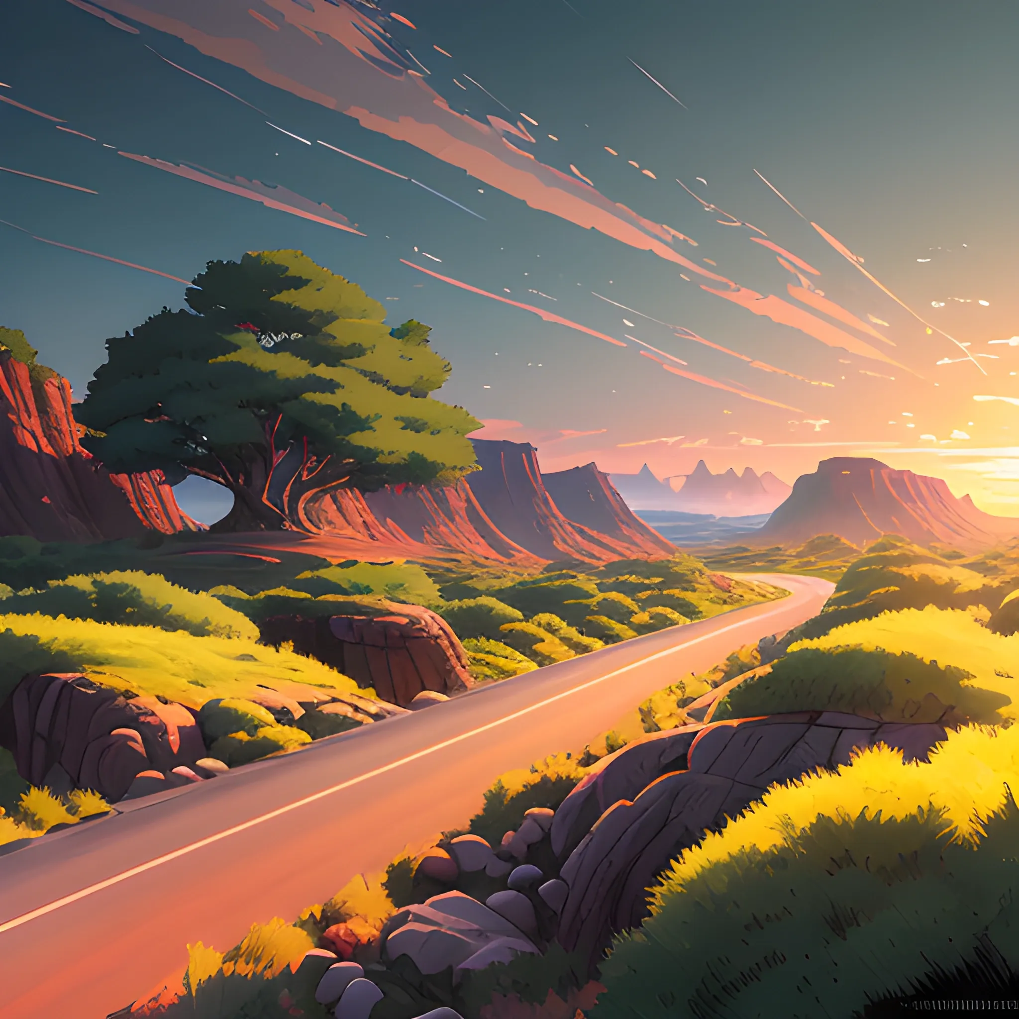 an wide landscape with brush, greenery, small road, rocks and a sunset sky... in the style of makoto shinkai and greg rutkowski and albert bierstadt and james gurney, Cartoon