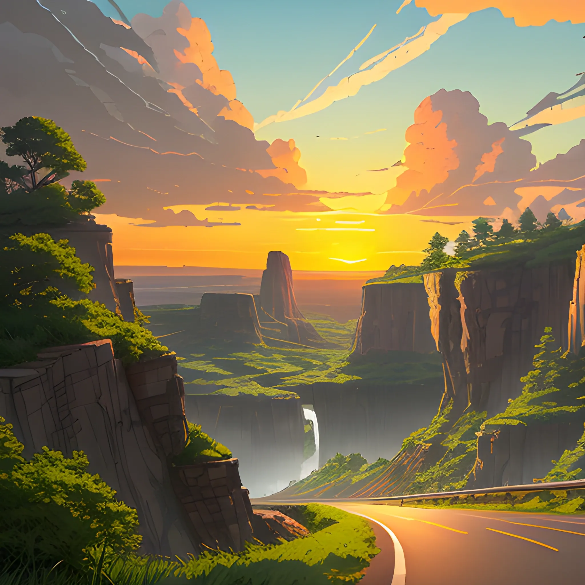 an wide landscape with brush, greenery, small road, rocks and a sunset sky... in the style of makoto shinkai and greg rutkowski and albert bierstadt and james gurney, Cartoon