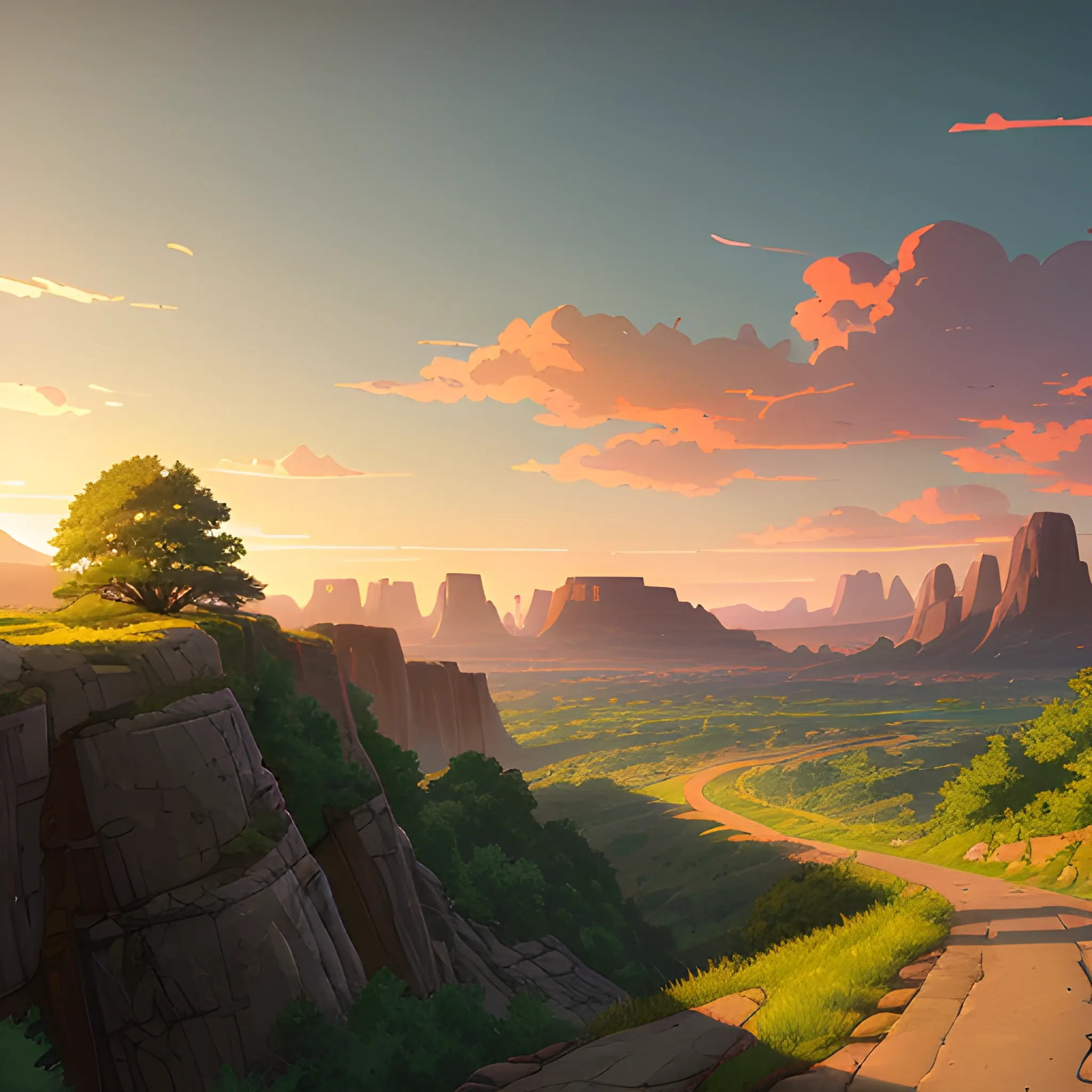 an wide landscape with brush, greenery, small road, rocks and a sunset sky... in the style of makoto shinkai and greg rutkowski and albert bierstadt and james gurney, Cartoon