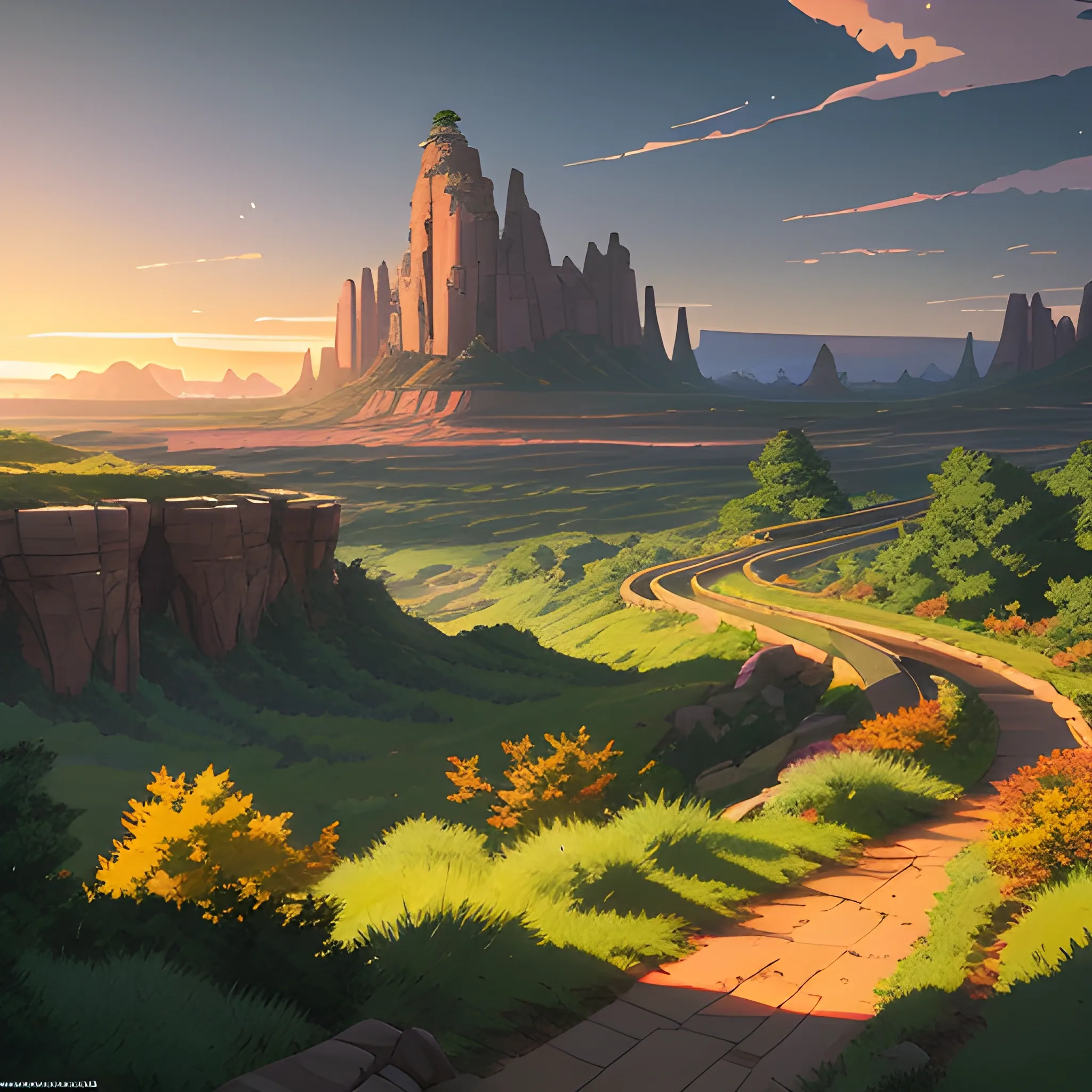 an wide landscape with brush, greenery, small road, rocks and a sunset sky... in the style of makoto shinkai and greg rutkowski and albert bierstadt and james gurney, Cartoon