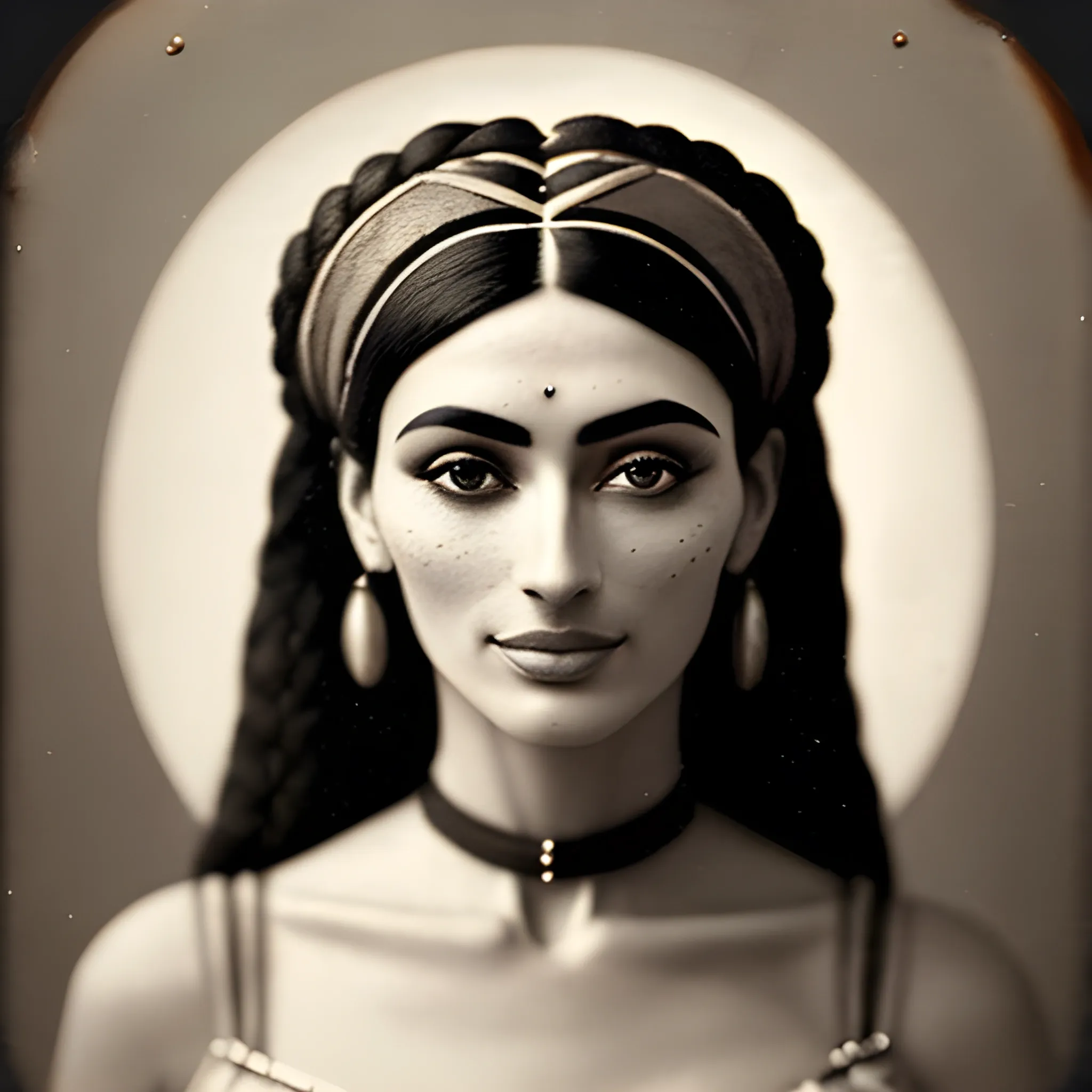 An old, blurred, scratched and uncolored dark Daguerreotype about an beautiful and gorgeous egyptian woman, 30 y.o, reminiscent of Nefertiti, with perfect body, in full body view. She has intricately braided hair and bangs that cover her forehead up to her eyebrows. Her slightly tanned skin contrasts beautifully. She wears a translucent linen top and skirt, revealing a subtle hint of her body. The woman gazes intently at the viewer, exuding both happiness and confidence. The background is blurred and depth. She is in centered full body view and with eyes in contact with viewer". Is a masterpiece of photo realism in 4k, high resolution, is a winner photo with ultra realistic skin pores and little realistic moles.