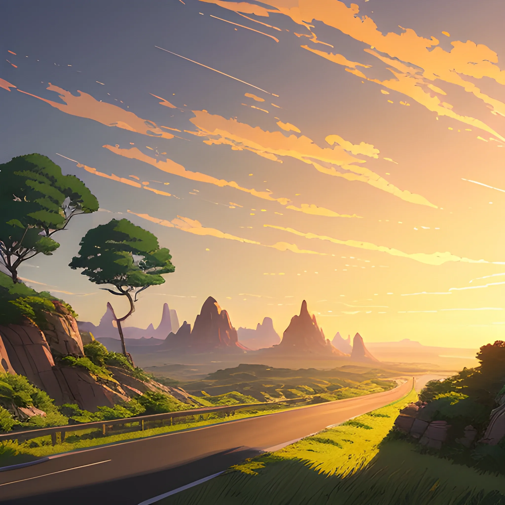 an wide landscape with brush, greenery, small road, rocks and a sunset sky... in the style of makoto shinkai and greg rutkowski and albert bierstadt and james gurney, Cartoon