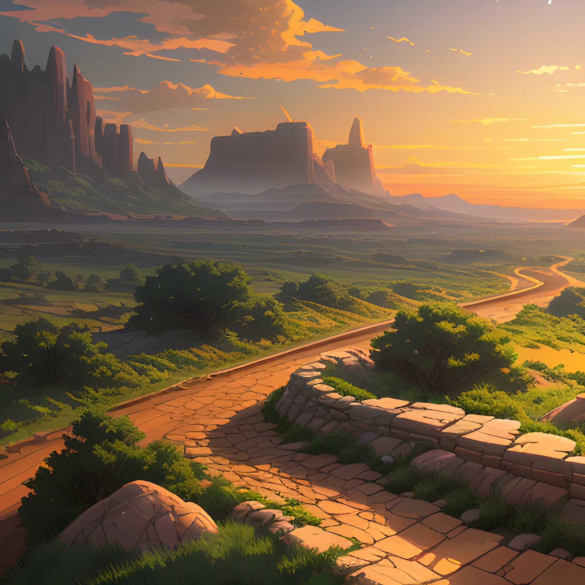 an wide landscape with brush, greenery, small road, rocks and a sunset sky... in the style of makoto shinkai and greg rutkowski and albert bierstadt and james gurney, Cartoon