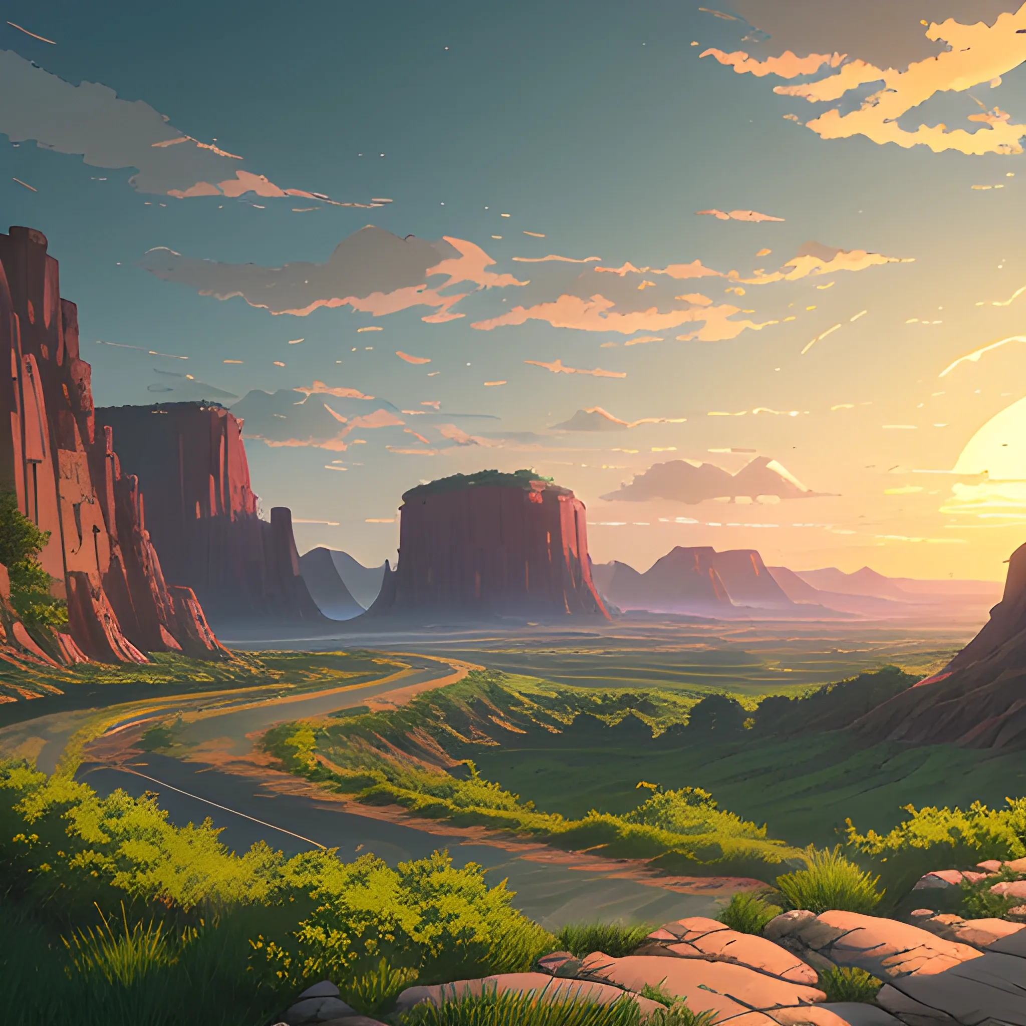 an wide landscape with brush, greenery, small road, rocks and a sunset sky... in the style of makoto shinkai and greg rutkowski and albert bierstadt and james gurney, Cartoon