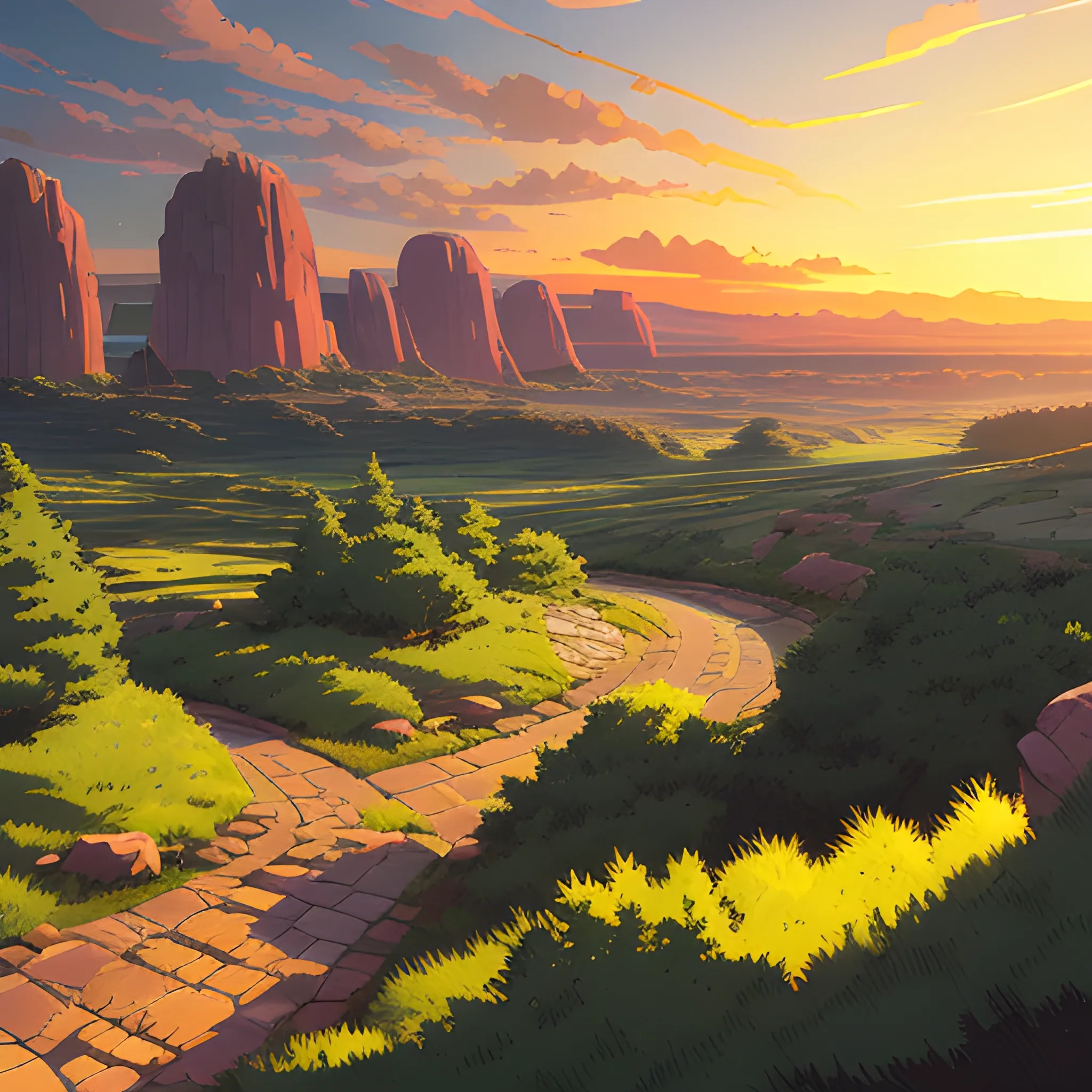 an wide landscape with brush, greenery, small road, rocks and a sunset sky... in the style of makoto shinkai and greg rutkowski and albert bierstadt and james gurney, Cartoon