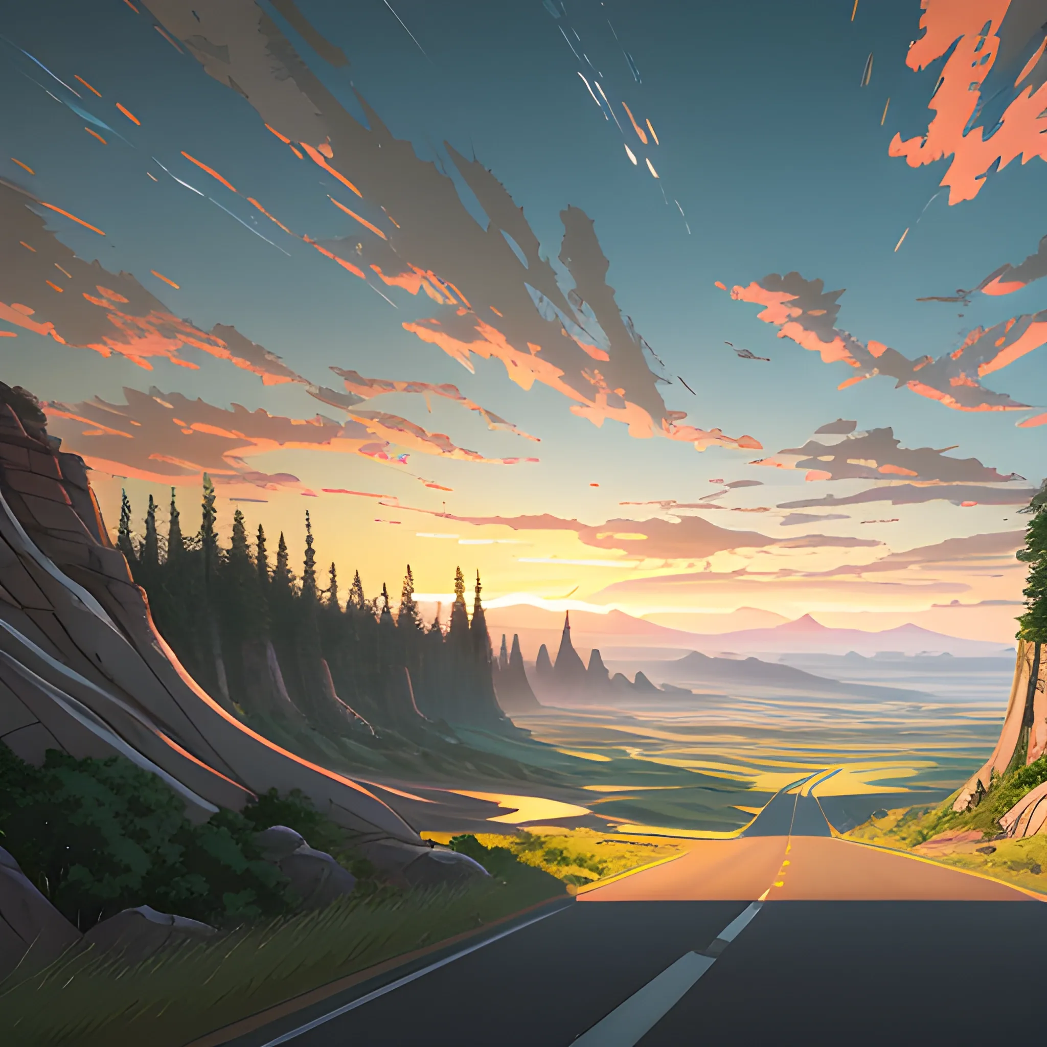 an wide landscape with brush, greenery, small road, rocks and a sunset sky... in the style of makoto shinkai and greg rutkowski and albert bierstadt and james gurney, Cartoon