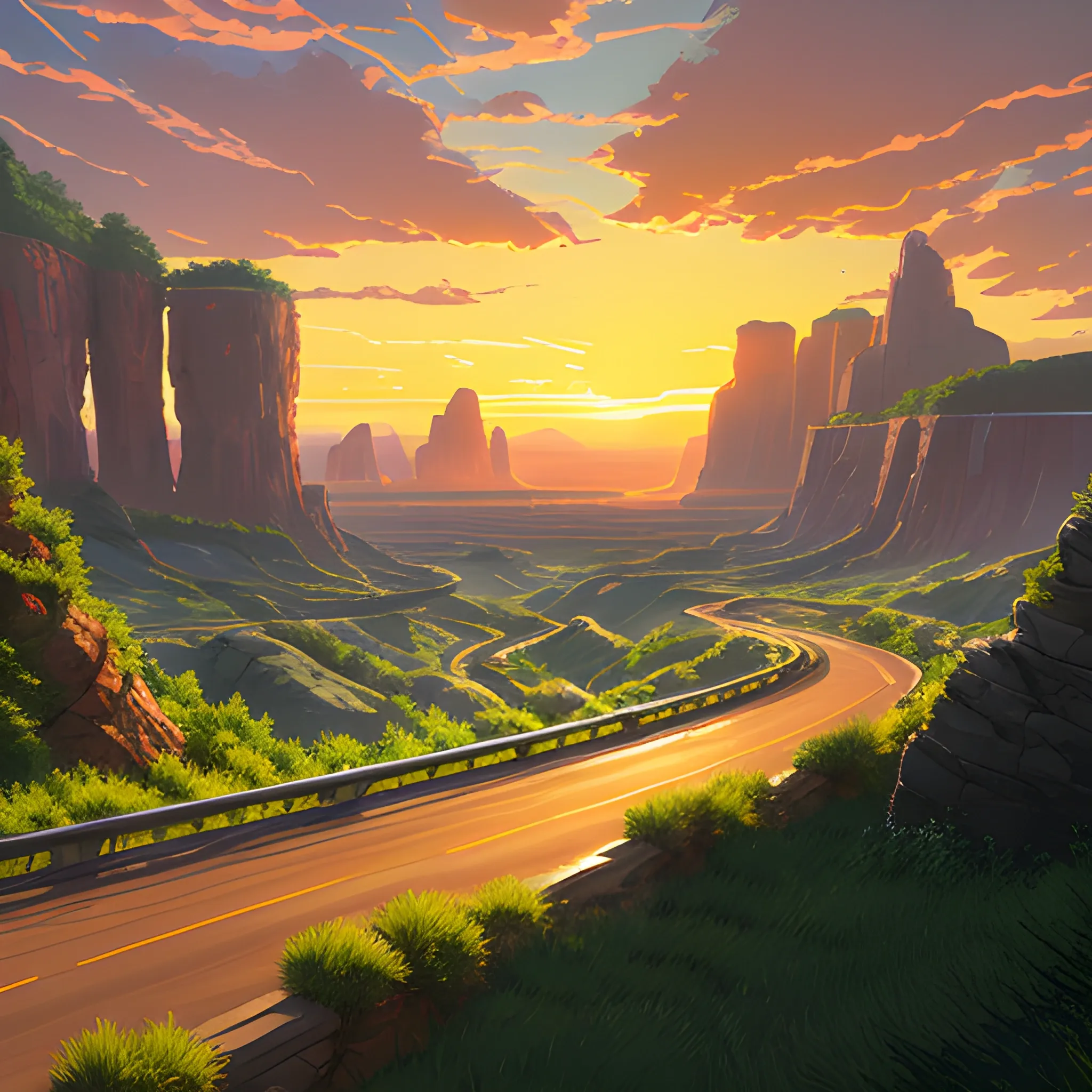 an wide landscape with brush, greenery, small road, rocks and a sunset sky... in the style of makoto shinkai and greg rutkowski and albert bierstadt and james gurney, Cartoon