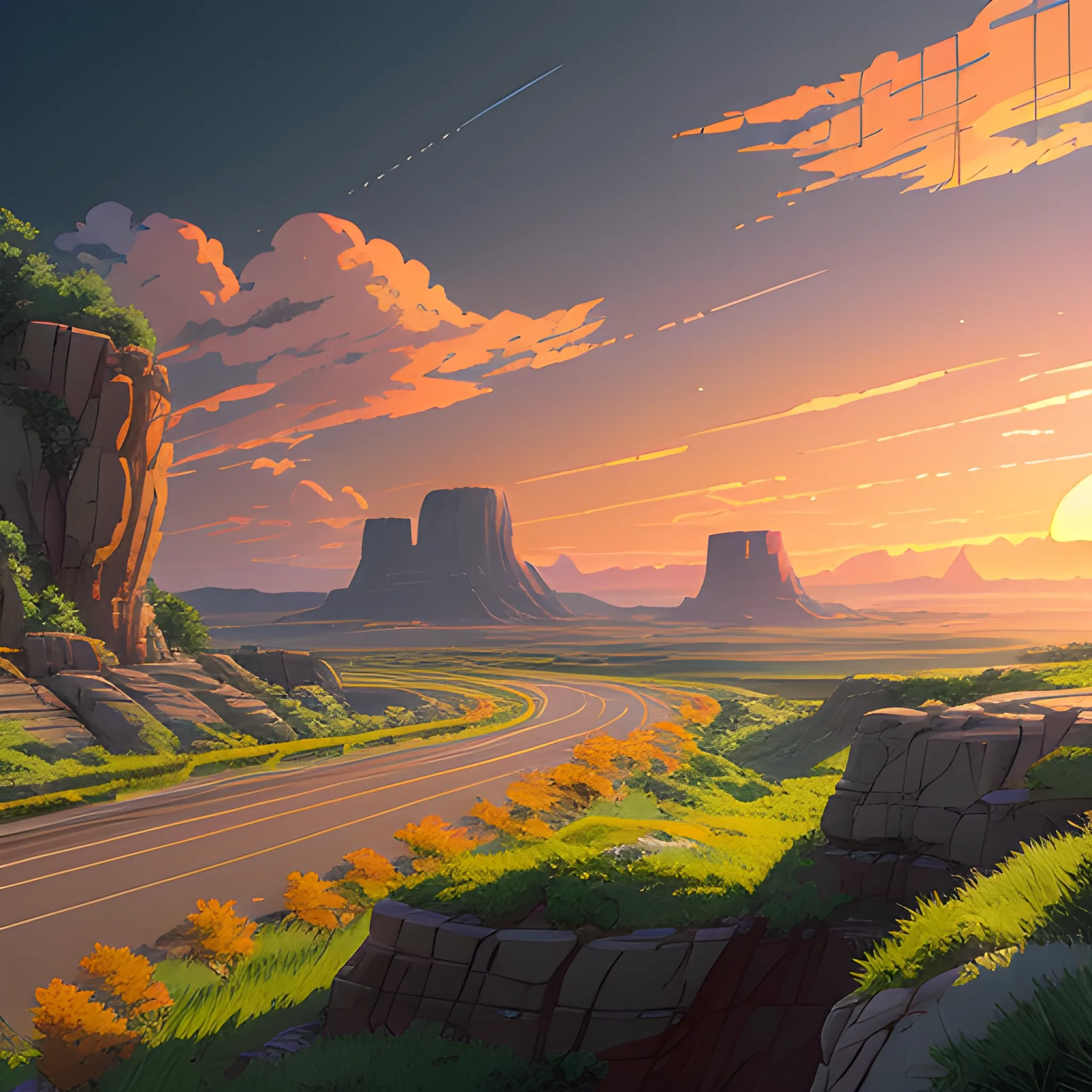 an wide landscape with brush, greenery, small road, rocks and a sunset sky... in the style of makoto shinkai and greg rutkowski and albert bierstadt and james gurney, Cartoon