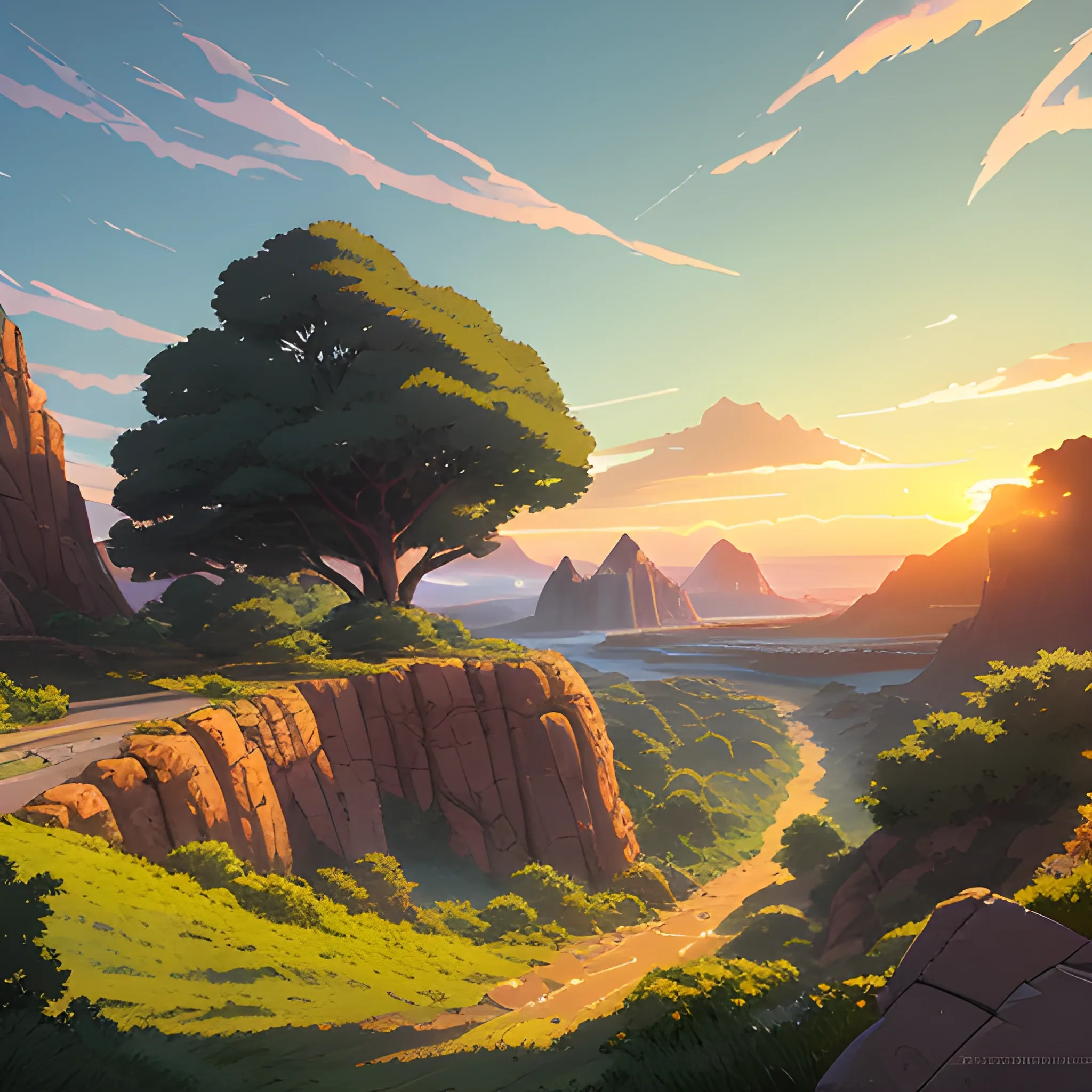 an wide landscape with brush, greenery, small road, rocks and a sunset sky... in the style of makoto shinkai and greg rutkowski and albert bierstadt and james gurney, Cartoon