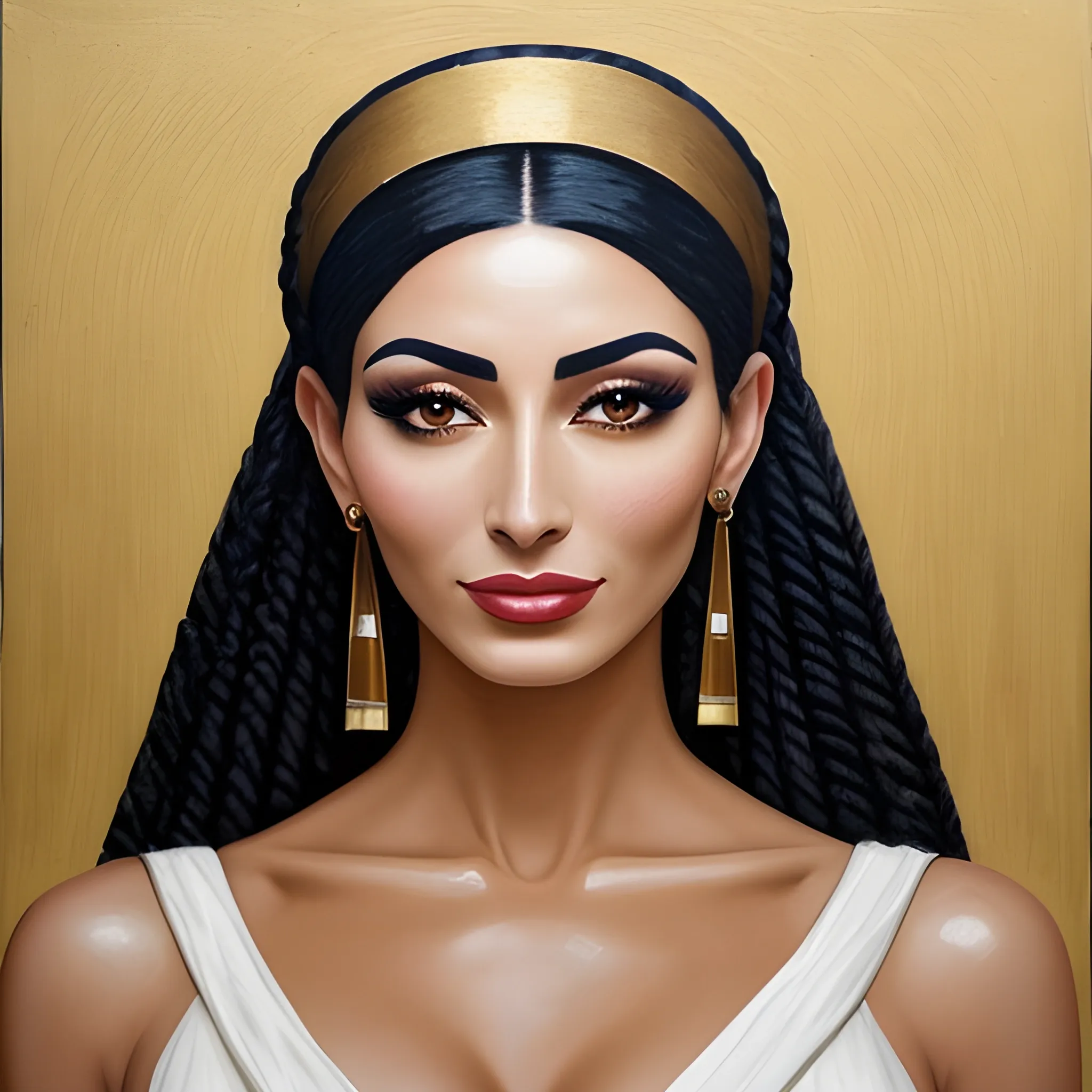 In an oil painting on old scratched canvas a beautiful and gorgeous egyptian woman, 30 y.o, reminiscent of Nefertiti, with perfect body, in full body view. She has intricately braided hair and bangs that cover her forehead up to her eyebrows. Her slightly tanned skin contrasts beautifully with all. She wears a translucent linen top and skirt, revealing a subtle hint of her body. The woman gazes intently at the viewer, exuding both happiness and confidence. The background is blurred and depth. She is in centered full body view and with eyes in contact with viewer". Is a masterpiece of painting of the realism with ultra realistic skin pores and little realistic moles.