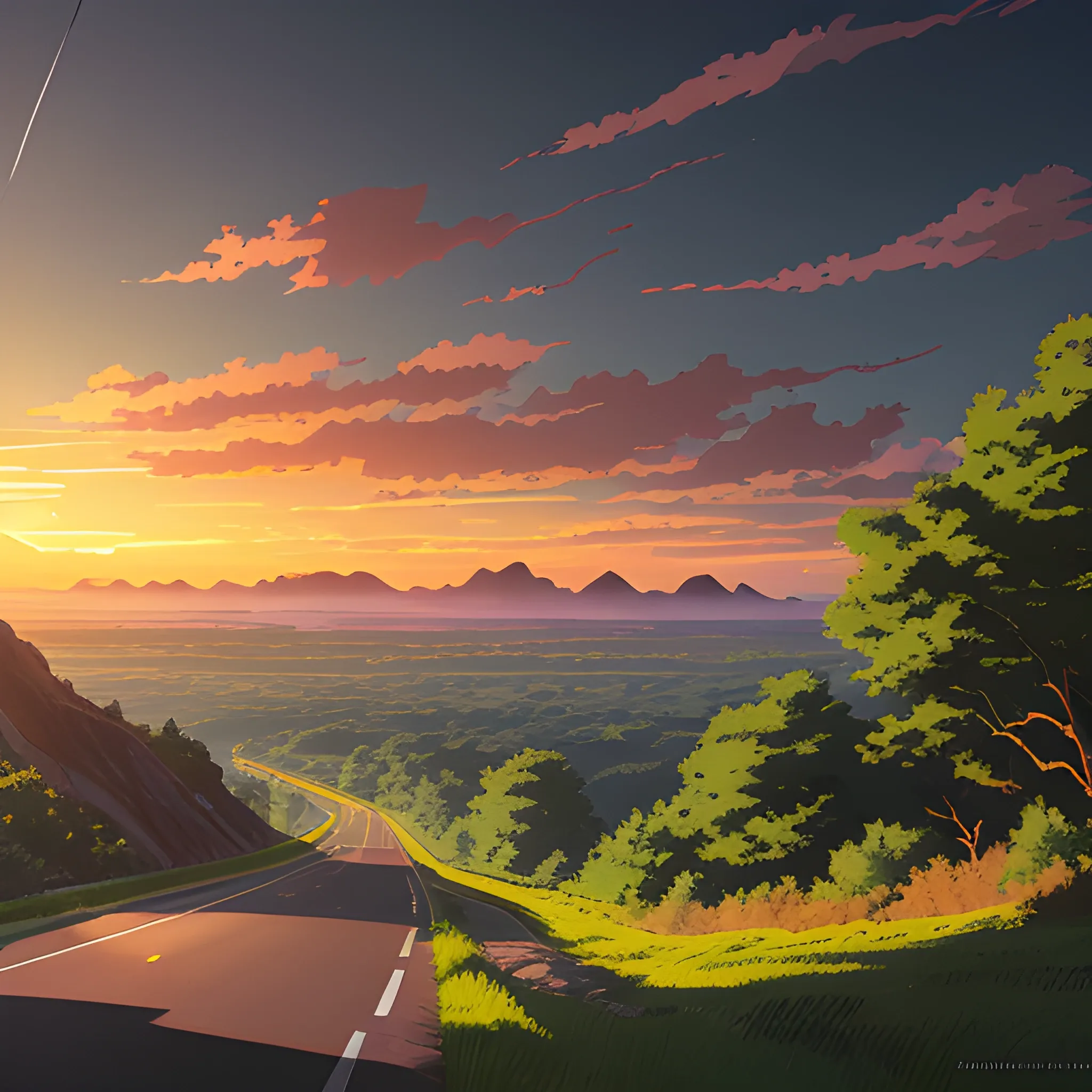 an wide landscape with brush, greenery, small road, and a sunset sky... in the style of makoto shinkai and greg rutkowski and albert bierstadt and james gurney, Cartoon