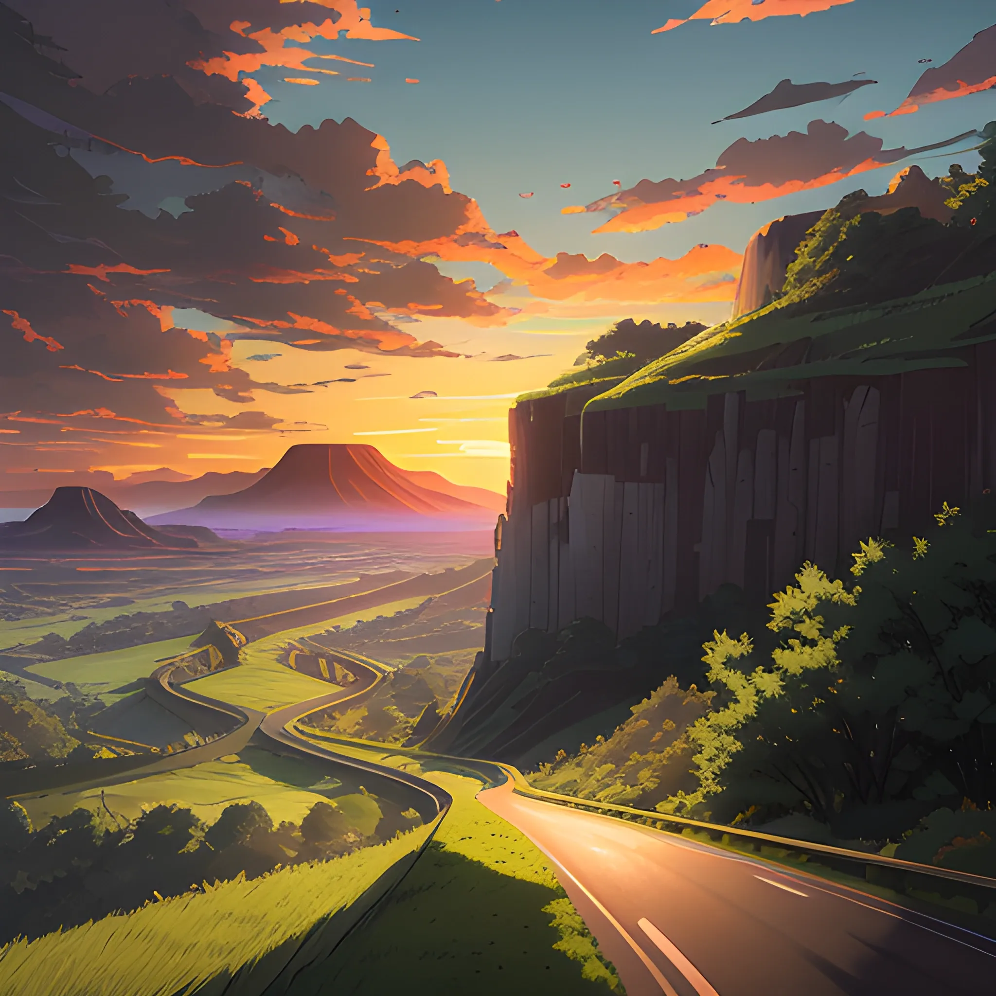 an wide landscape with brush, greenery, small road, and a sunset sky... in the style of makoto shinkai and greg rutkowski and albert bierstadt and james gurney, Cartoon