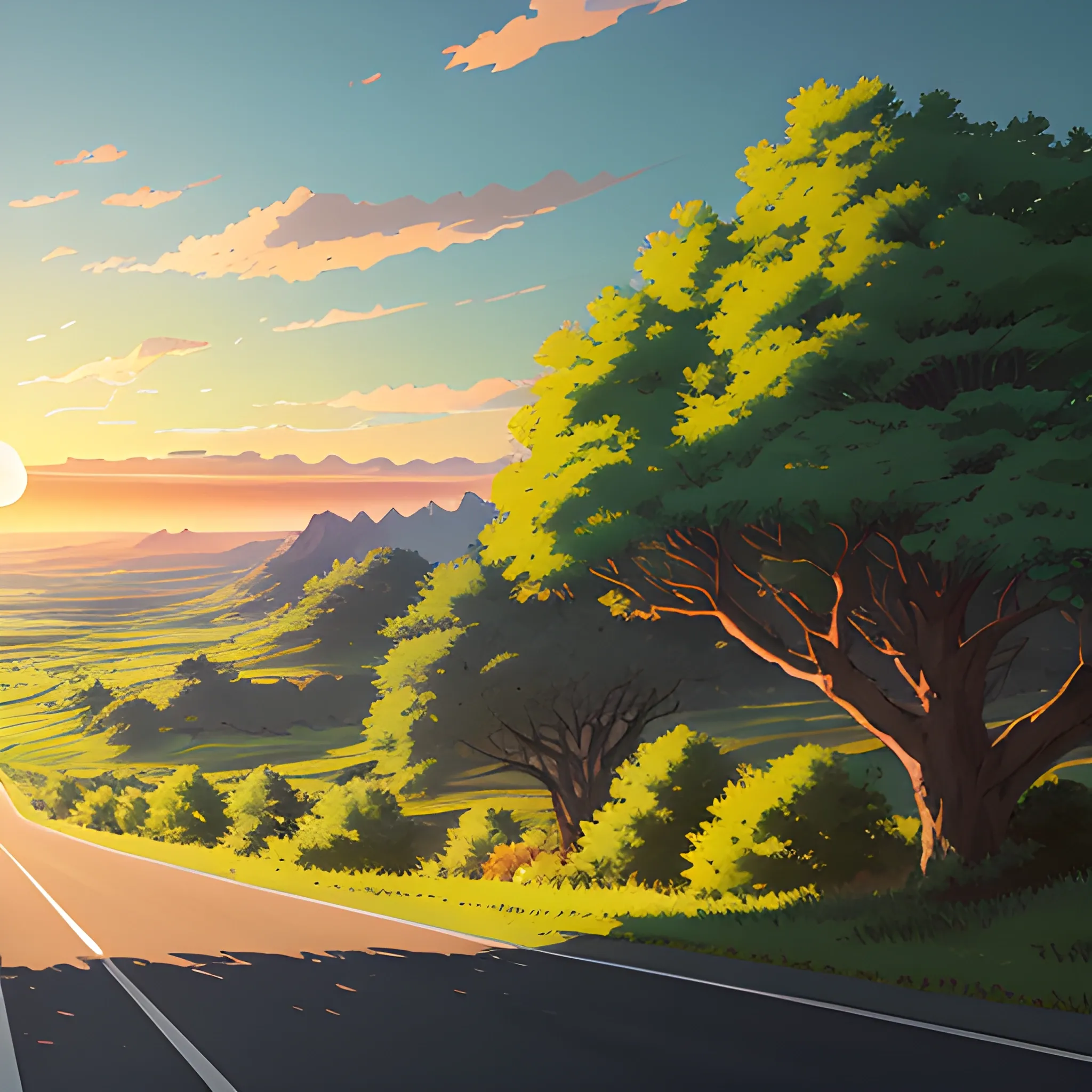 an wide landscape with brush, greenery, small road, and a sunset sky... in the style of makoto shinkai and greg rutkowski and albert bierstadt and james gurney, Cartoon