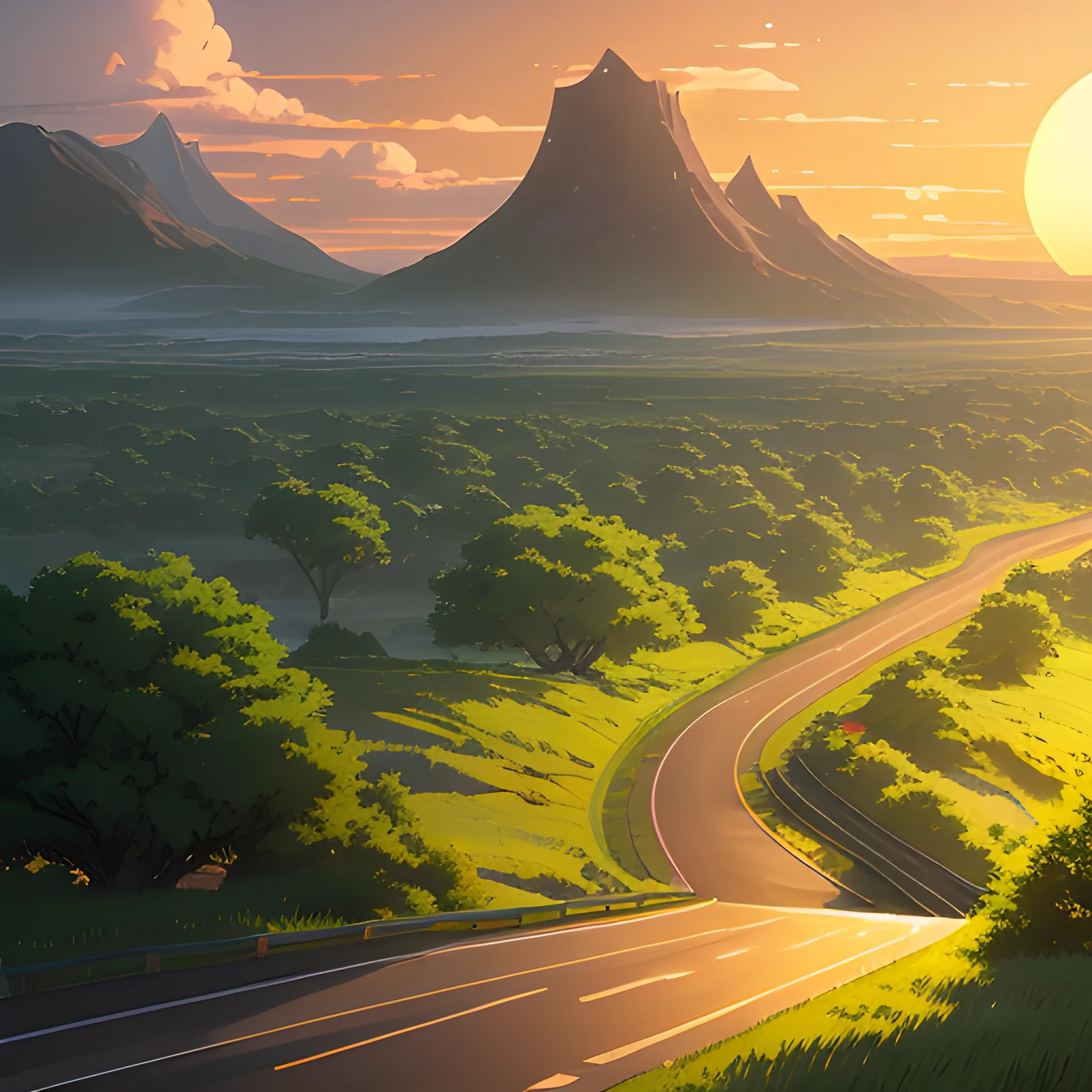 an wide landscape with brush, greenery, small road, and a sunset sky... in the style of makoto shinkai and greg rutkowski and albert bierstadt and james gurney, Cartoon