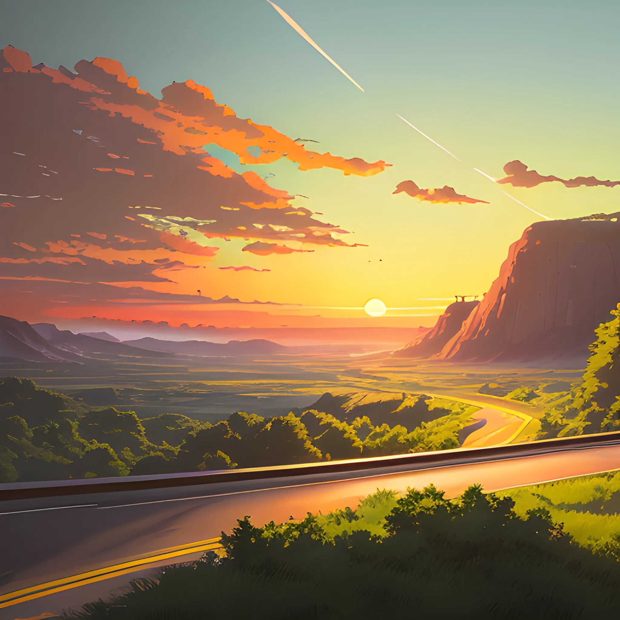 an wide landscape with brush, greenery, small road, and a sunset sky... in the style of makoto shinkai and greg rutkowski and albert bierstadt and james gurney, Cartoon