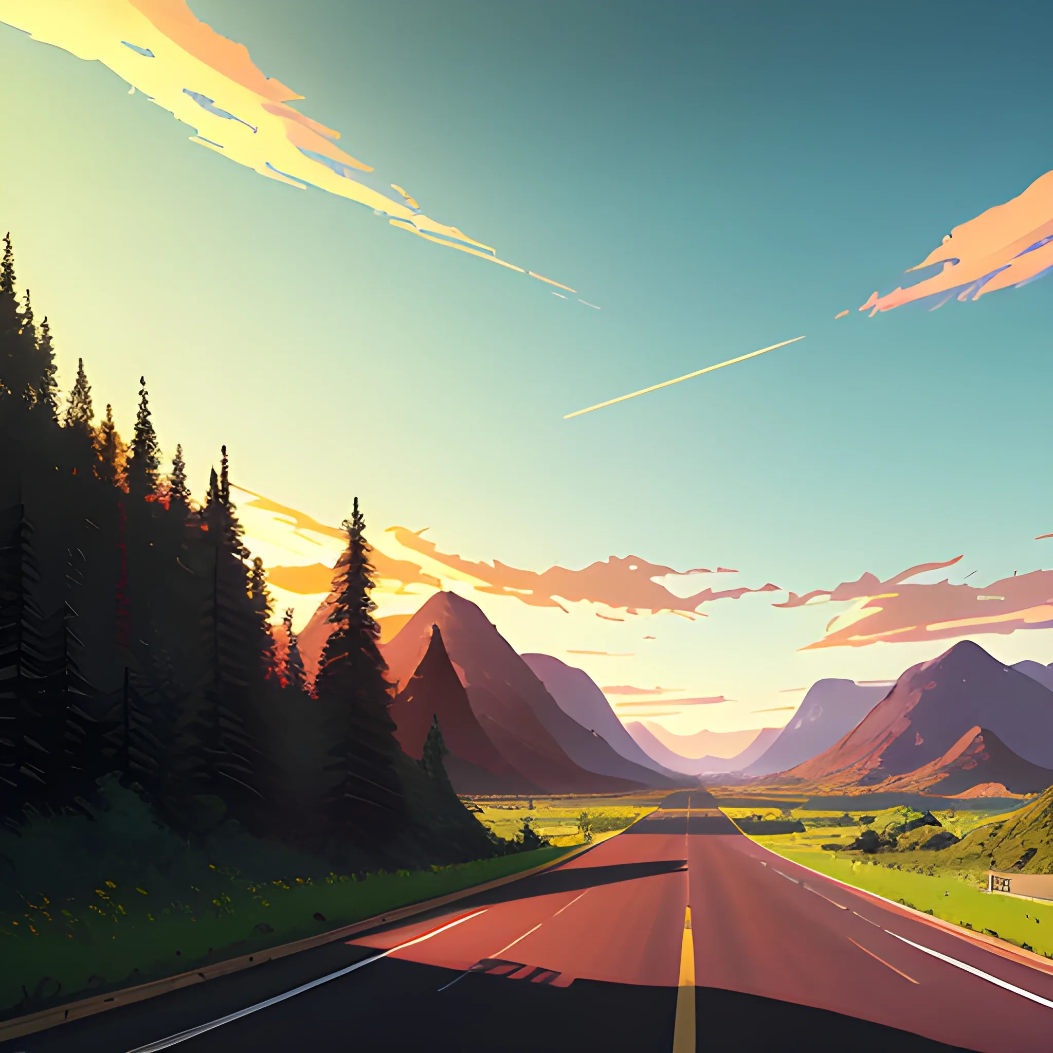 an wide landscape with brush, greenery, small road, traffic sign and a sunset sky... in the style of makoto shinkai and greg rutkowski and albert bierstadt and james gurney, Cartoon