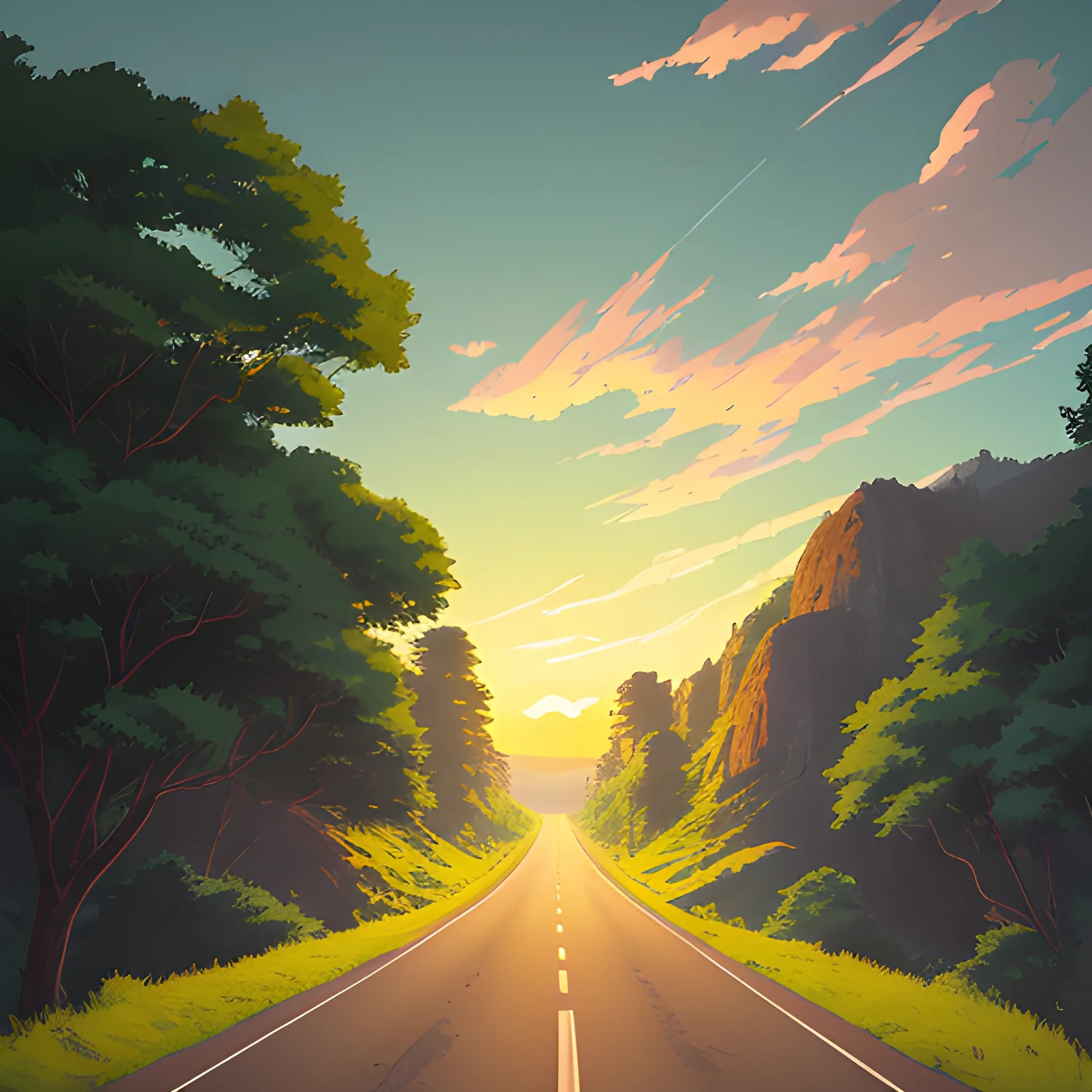 an wide landscape with brush, greenery, small road, traffic sign and a sunset sky... in the style of makoto shinkai and greg rutkowski and albert bierstadt and james gurney, Cartoon