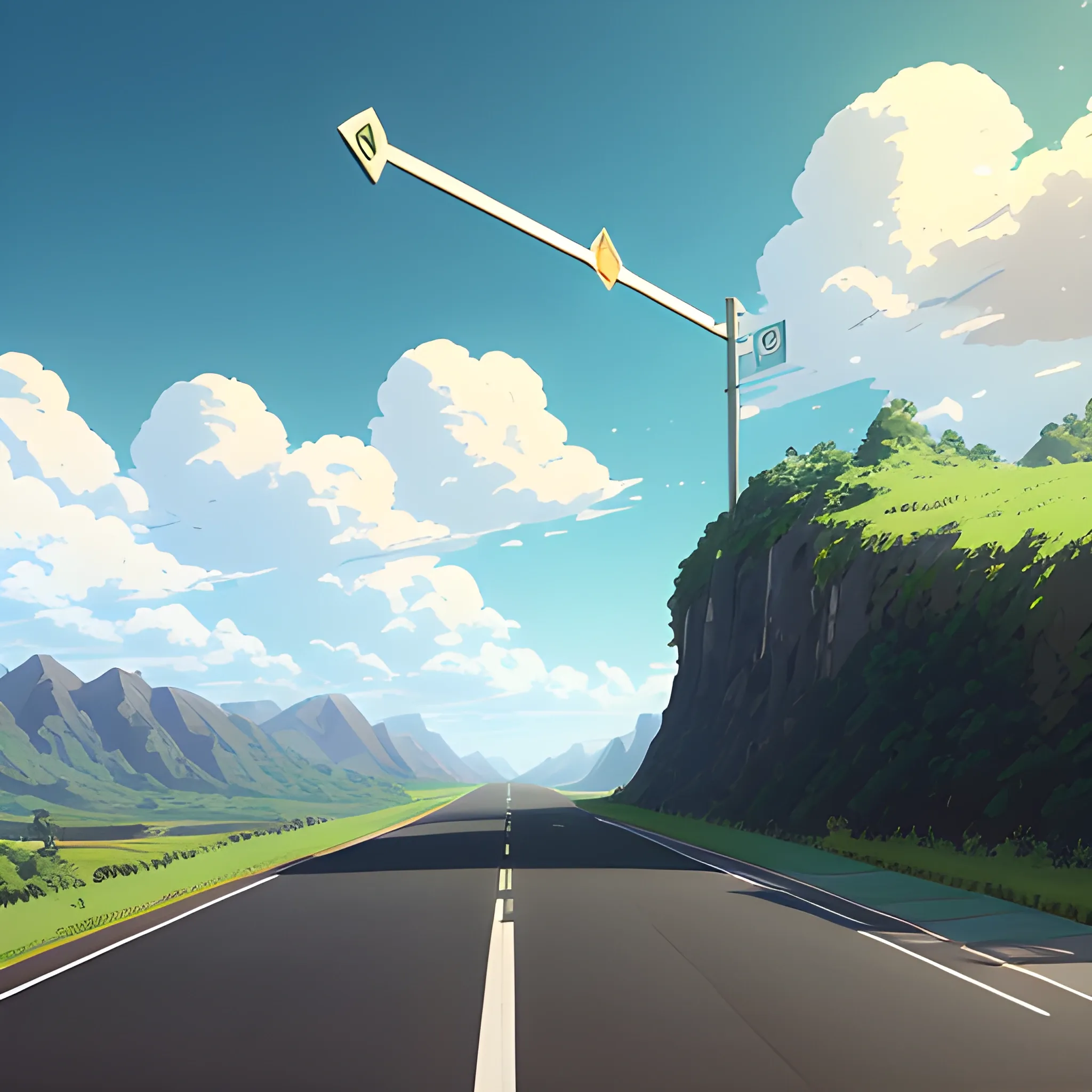 an wide landscape with brush, greenery, small road, traffic sign and a sky... in the style of makoto shinkai and greg rutkowski and albert bierstadt and james gurney, Cartoon