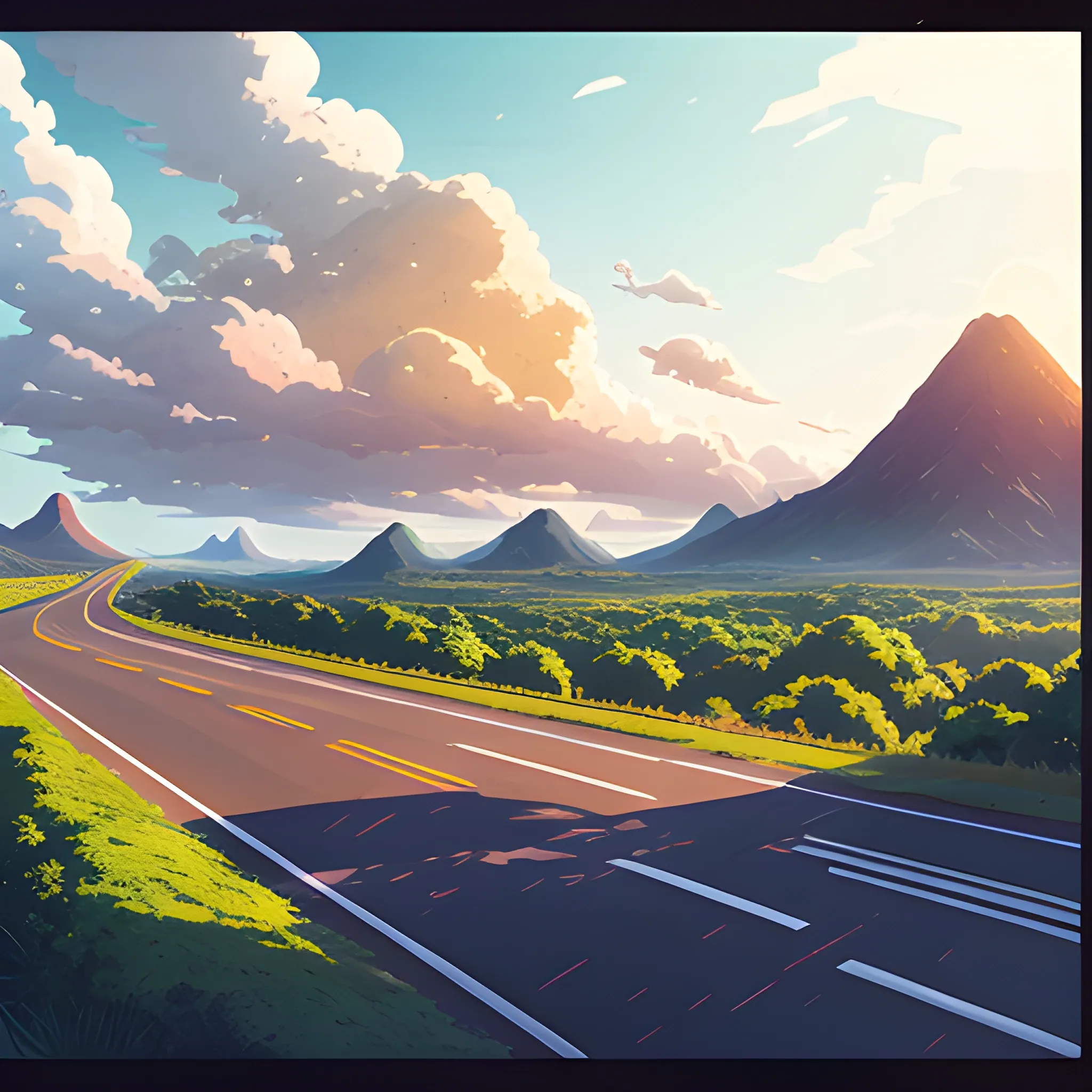 an wide landscape with brush, greenery, small road, traffic sign and a sky... in the style of makoto shinkai and greg rutkowski and albert bierstadt and james gurney, Cartoon