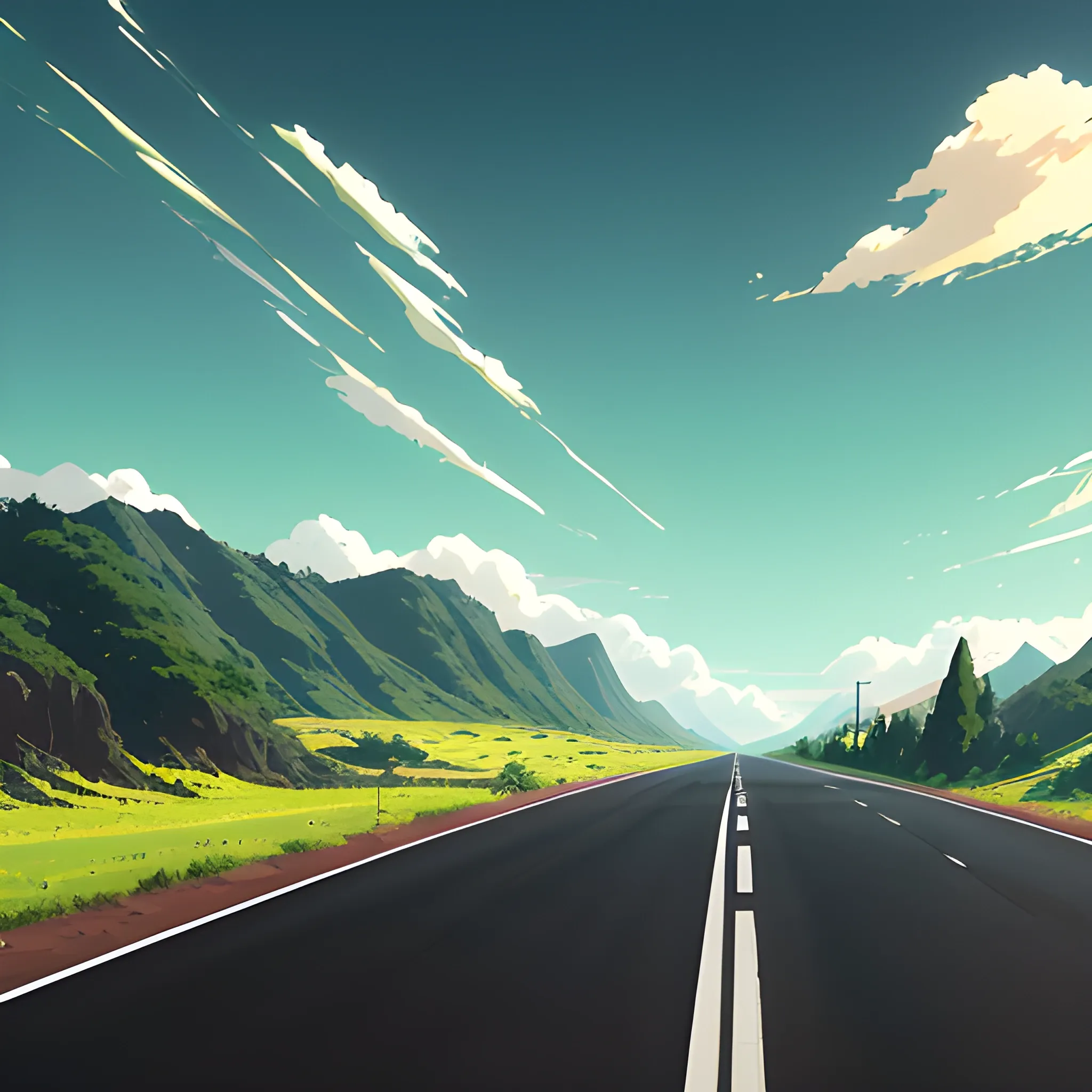 an wide landscape with brush, greenery, small road, traffic sign and a sky... in the style of makoto shinkai and greg rutkowski and albert bierstadt and james gurney, Cartoon