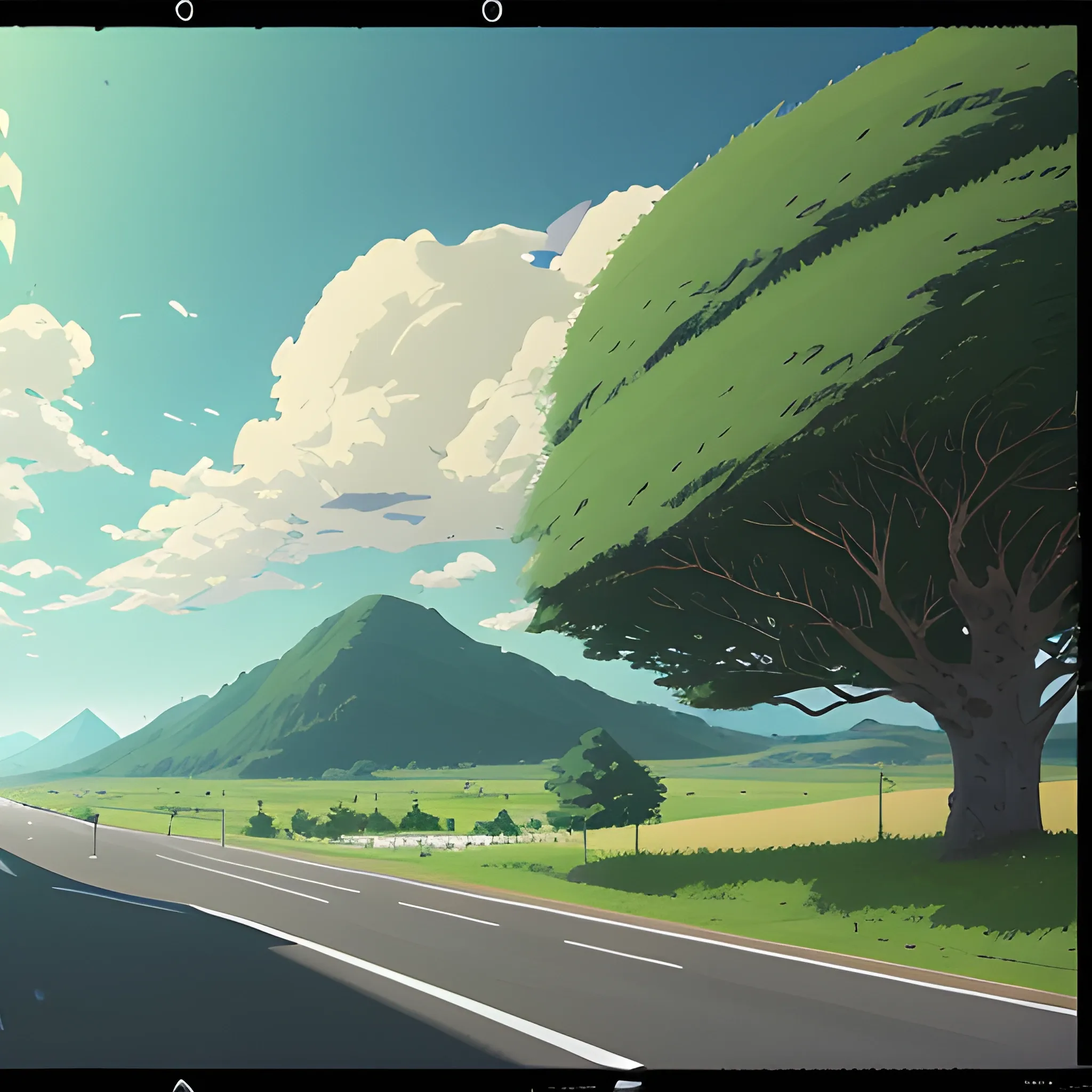 an wide landscape with brush, greenery, small road, traffic sign and a sky... in the style of makoto shinkai and greg rutkowski and albert bierstadt and james gurney, Cartoon