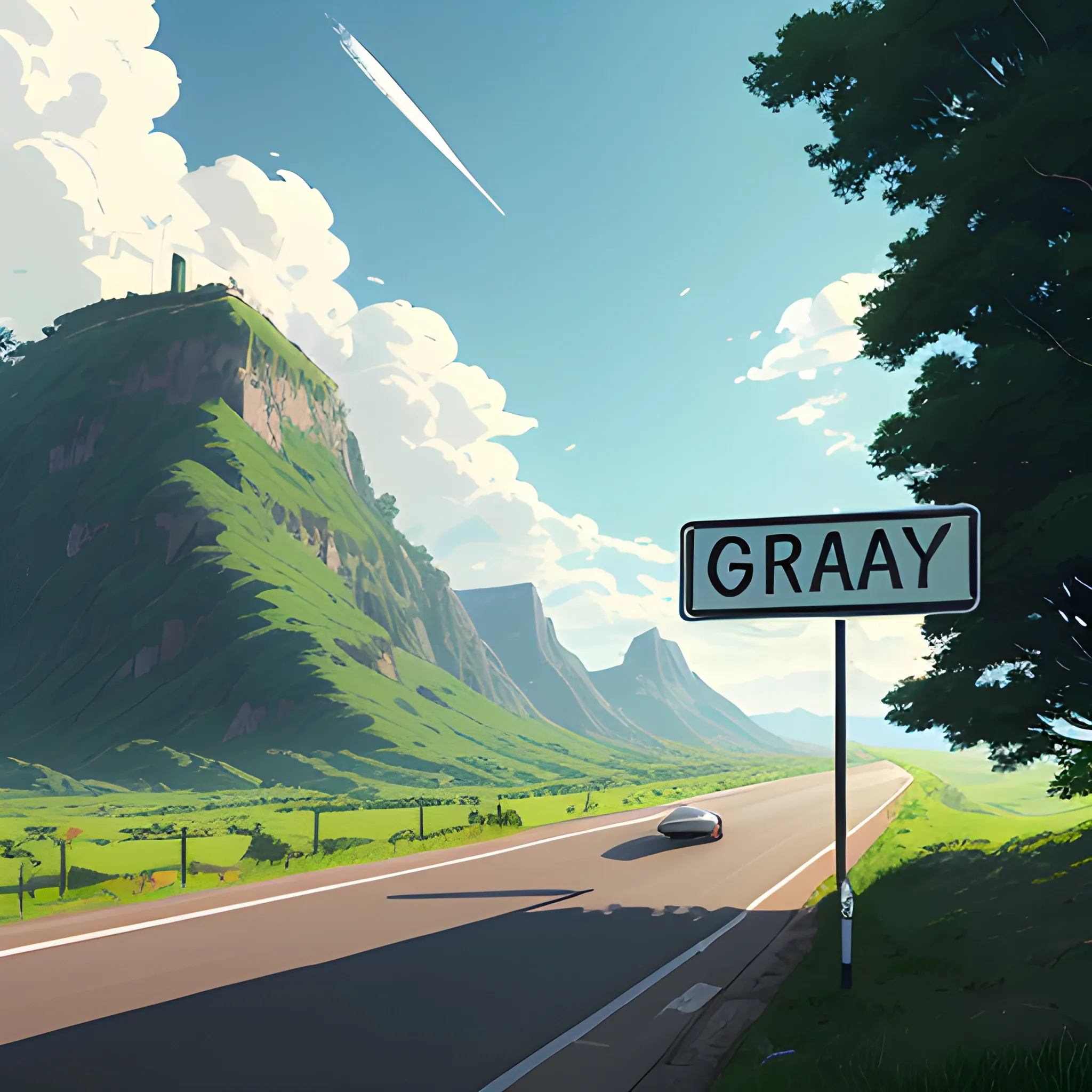 an wide landscape with brush, greenery, small road, traffic sign and a sky... in the style of makoto shinkai and greg rutkowski and albert bierstadt and james gurney, Cartoon