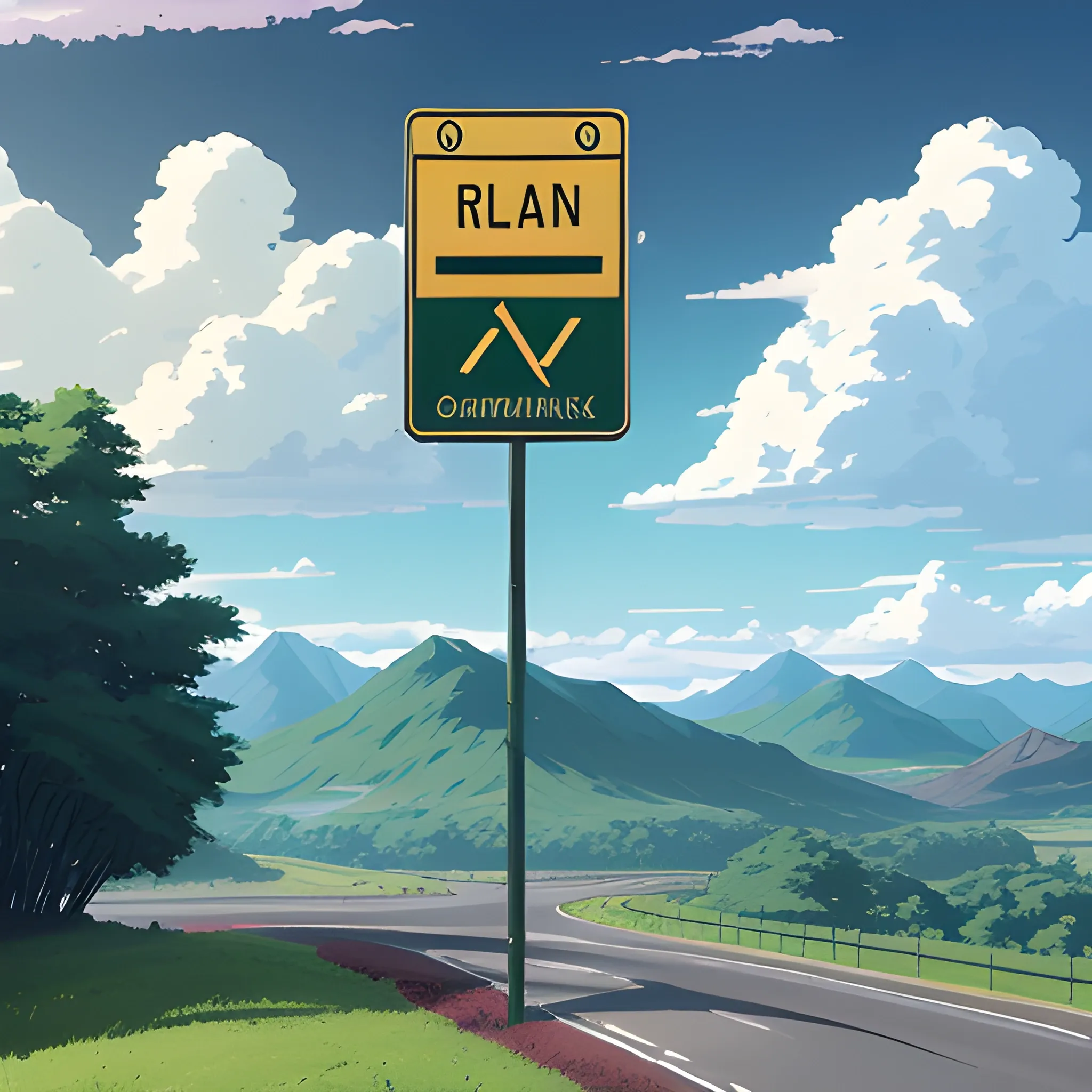 an wide landscape with brush, greenery, small road, traffic sign and a sky... in the style of makoto shinkai and greg rutkowski and albert bierstadt and james gurney, Cartoon