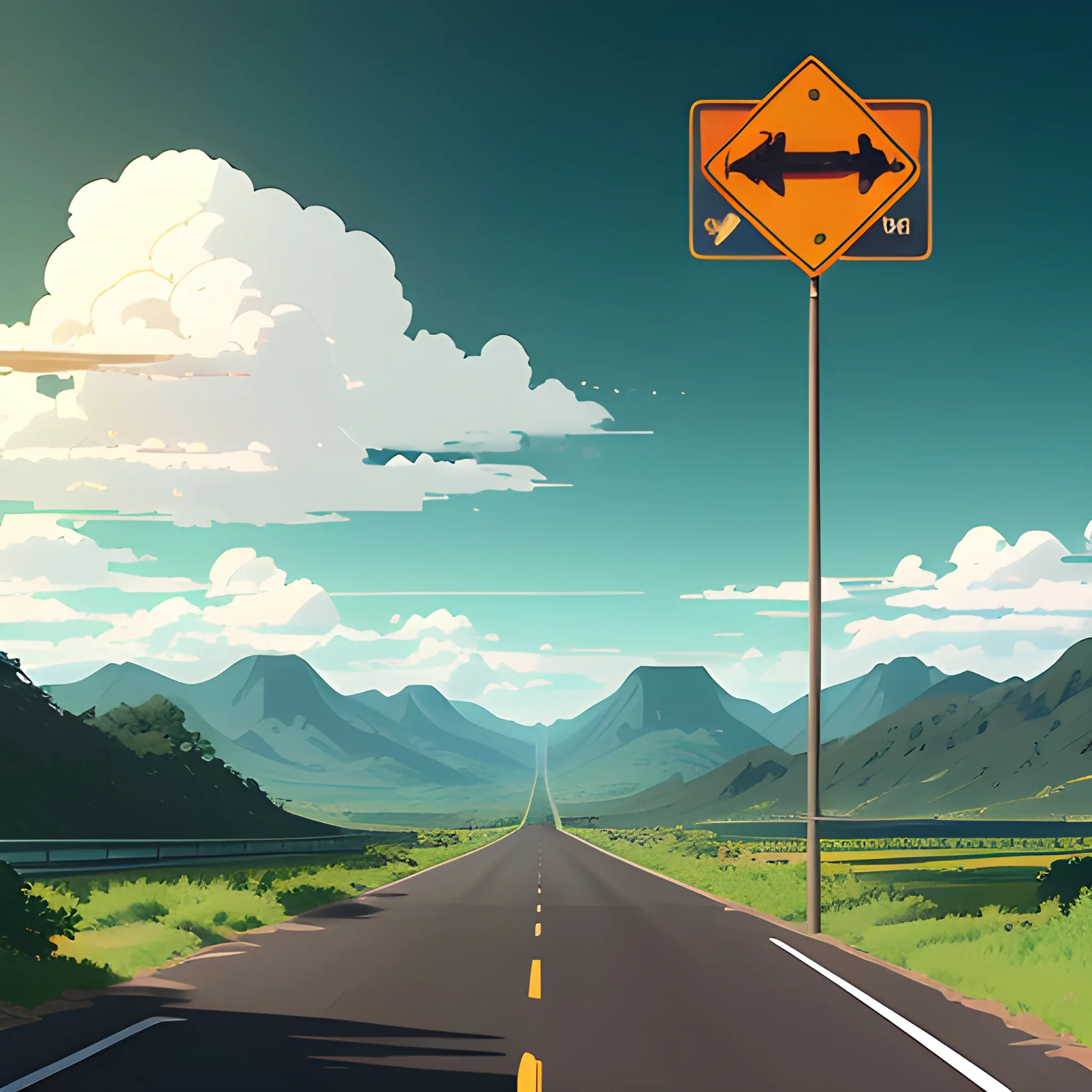 an wide landscape with brush, greenery, small road, traffic sign and a sky... in the style of makoto shinkai and greg rutkowski and albert bierstadt and james gurney, Cartoon