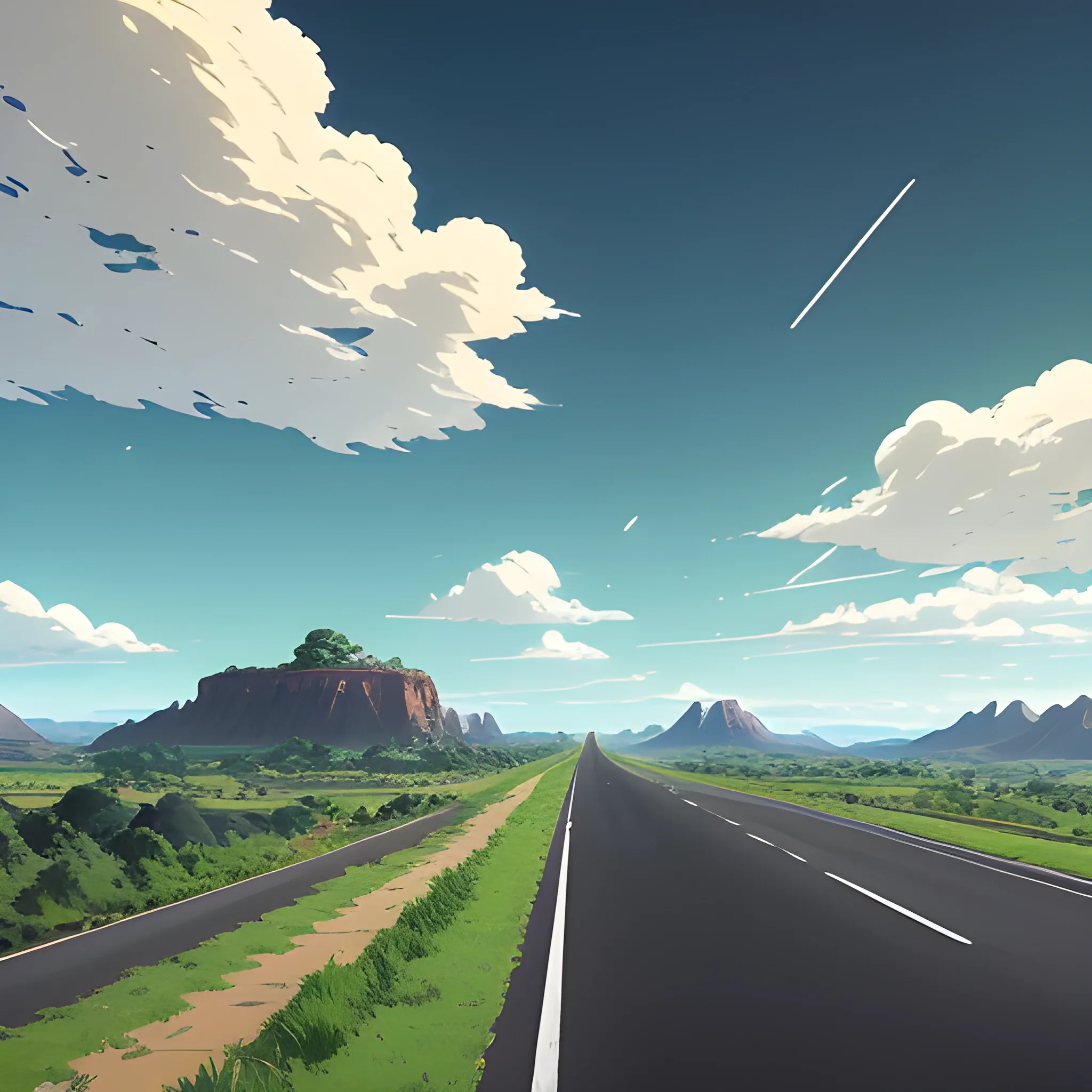 an wide landscape with brush, greenery, small road, traffic sign and a sky... in the style of makoto shinkai and greg rutkowski and albert bierstadt and james gurney, Cartoon