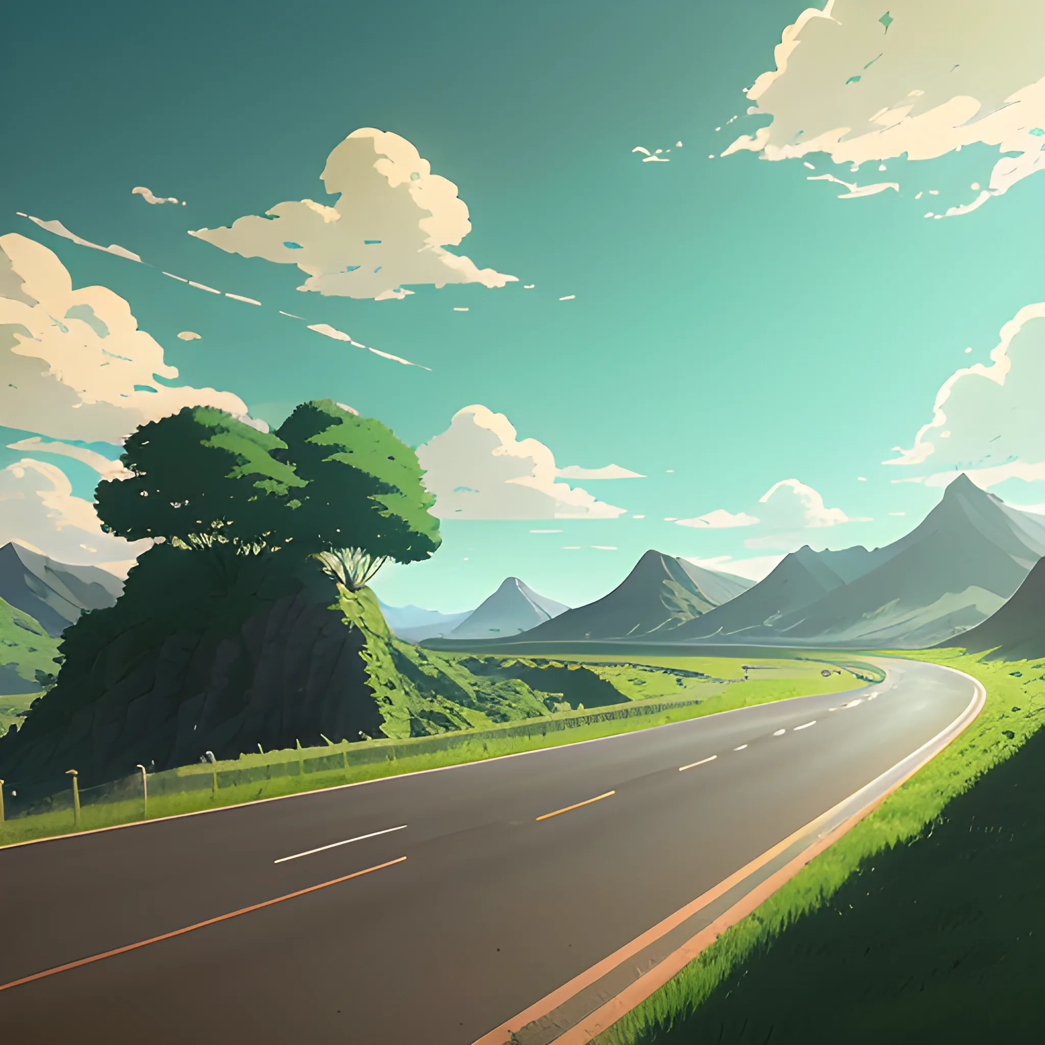 an wide landscape with brush, greenery, small road, traffic sign and a sky... in the style of makoto shinkai and greg rutkowski and albert bierstadt and james gurney, Cartoon