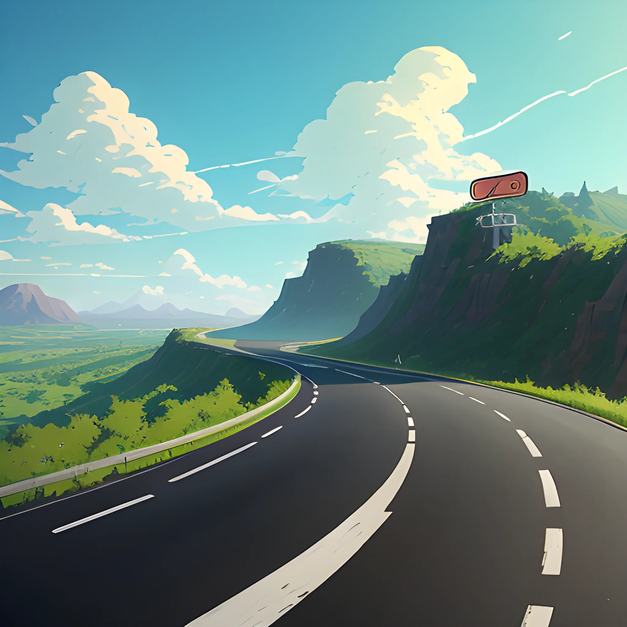 an wide landscape with brush, greenery, small road, traffic sign and a sky... in the style of makoto shinkai and greg rutkowski and albert bierstadt and james gurney, Cartoon