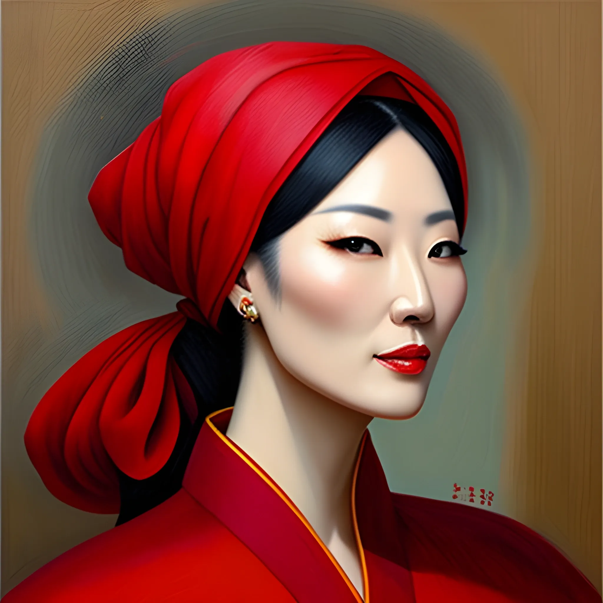 Chinese girl wearing red headscarf, portrait HD, Oil Painting