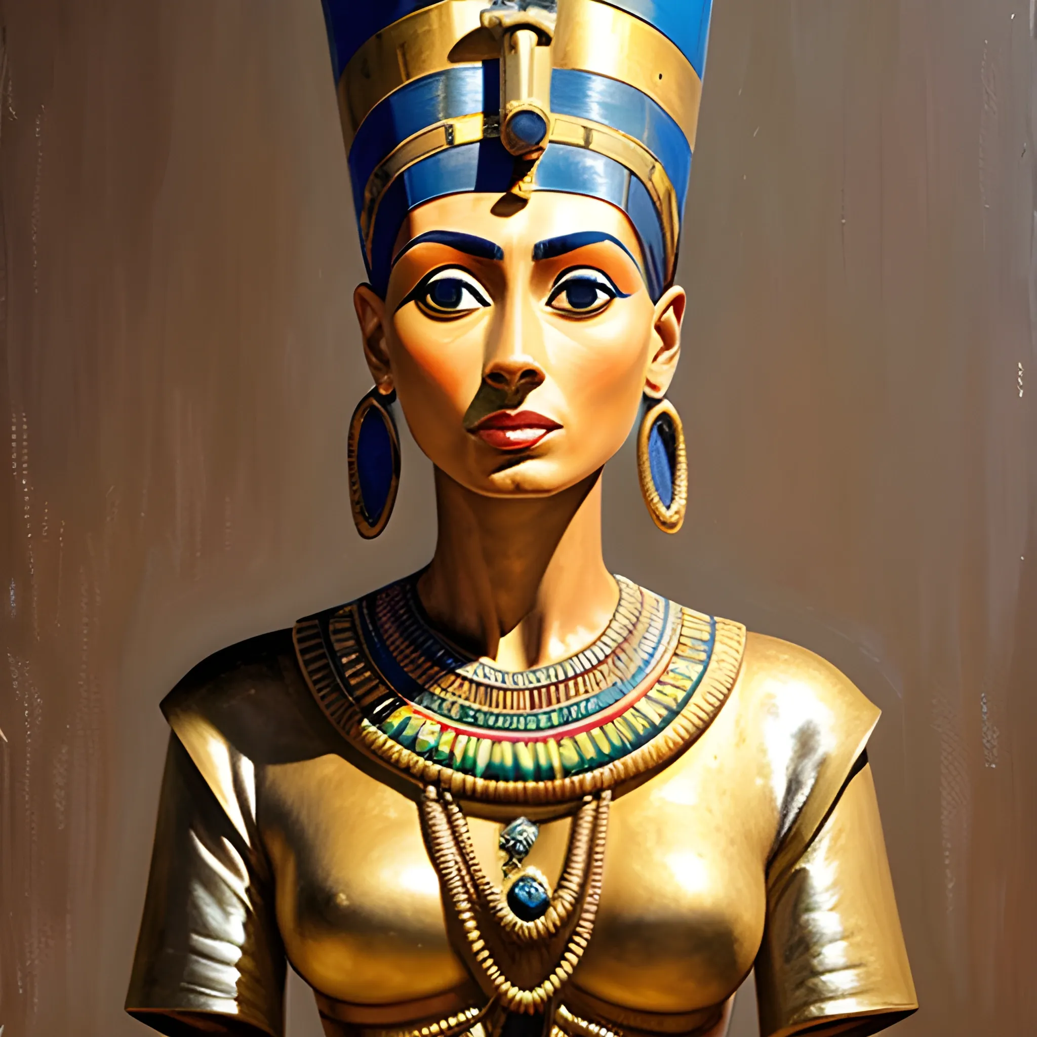 Por favor, DALLE-3, basándote en el célebre e histórico "Nefertiti bust in Neues Museum, Berlin", necesito que representes a la reina, de manera bien fidedigna, sentada en su trono, hazlo en el estilo de la mejor pintura al óleo sobre lienzo viejo y gastado y with darkgolden-tone del mundo. Es importante que la decoración del tocado de Nefertiti sea exactamente igual, y es importante también que se vea toda la cabeza con todo el tocado completo dentro de la imagen., Oil Painting